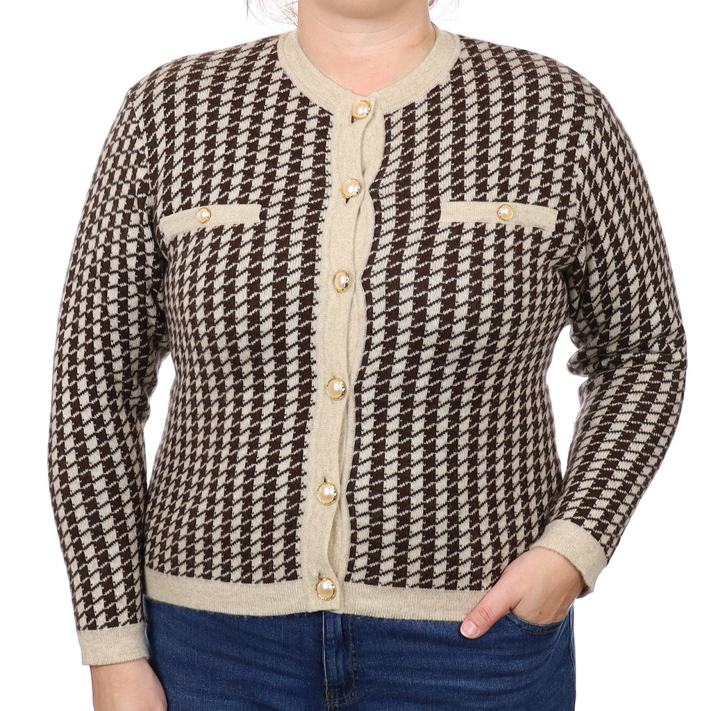 Chocolate Dog Tooth Cashmere Crew Neck Jacket Style Cardigan Large