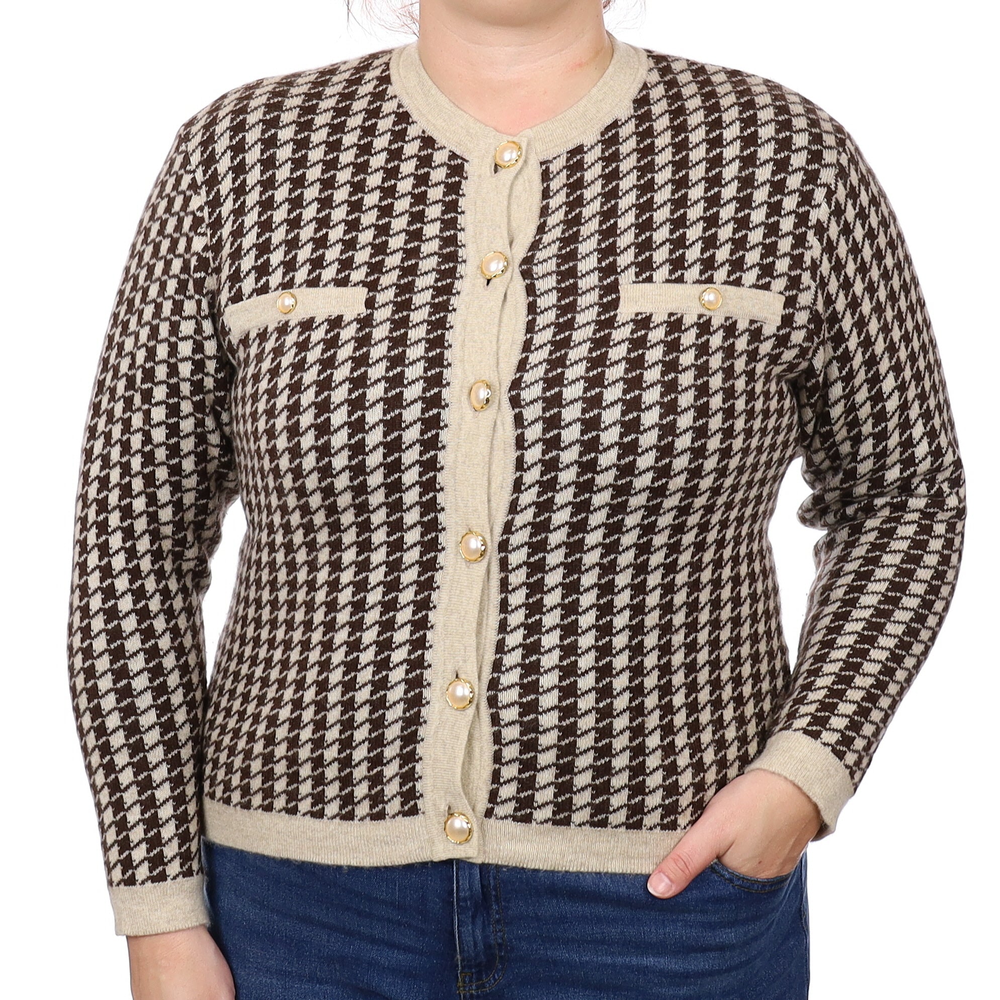 Chocolate Dog Tooth Cashmere Crew Neck Jacket Style Cardigan Large