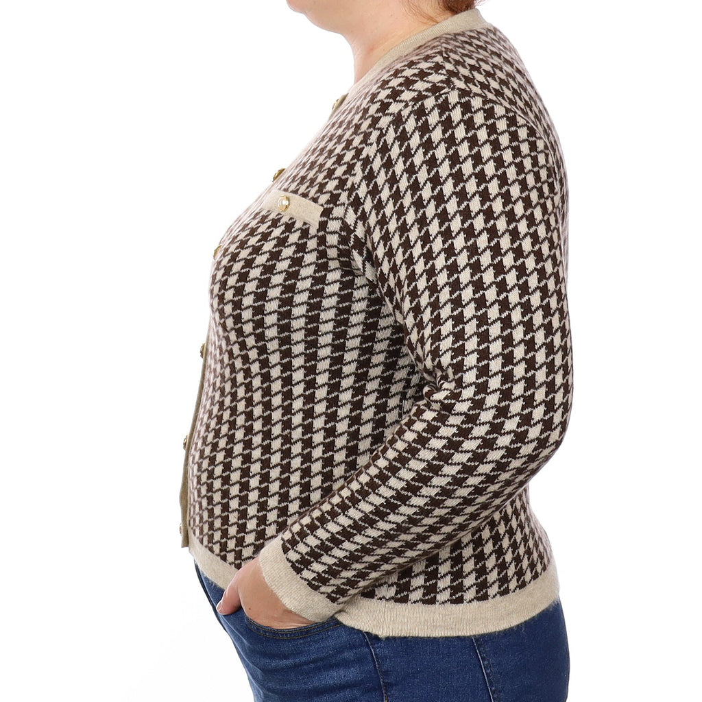 Chocolate Dog Tooth Cashmere Crew Neck Jacket Style Cardigan Large
