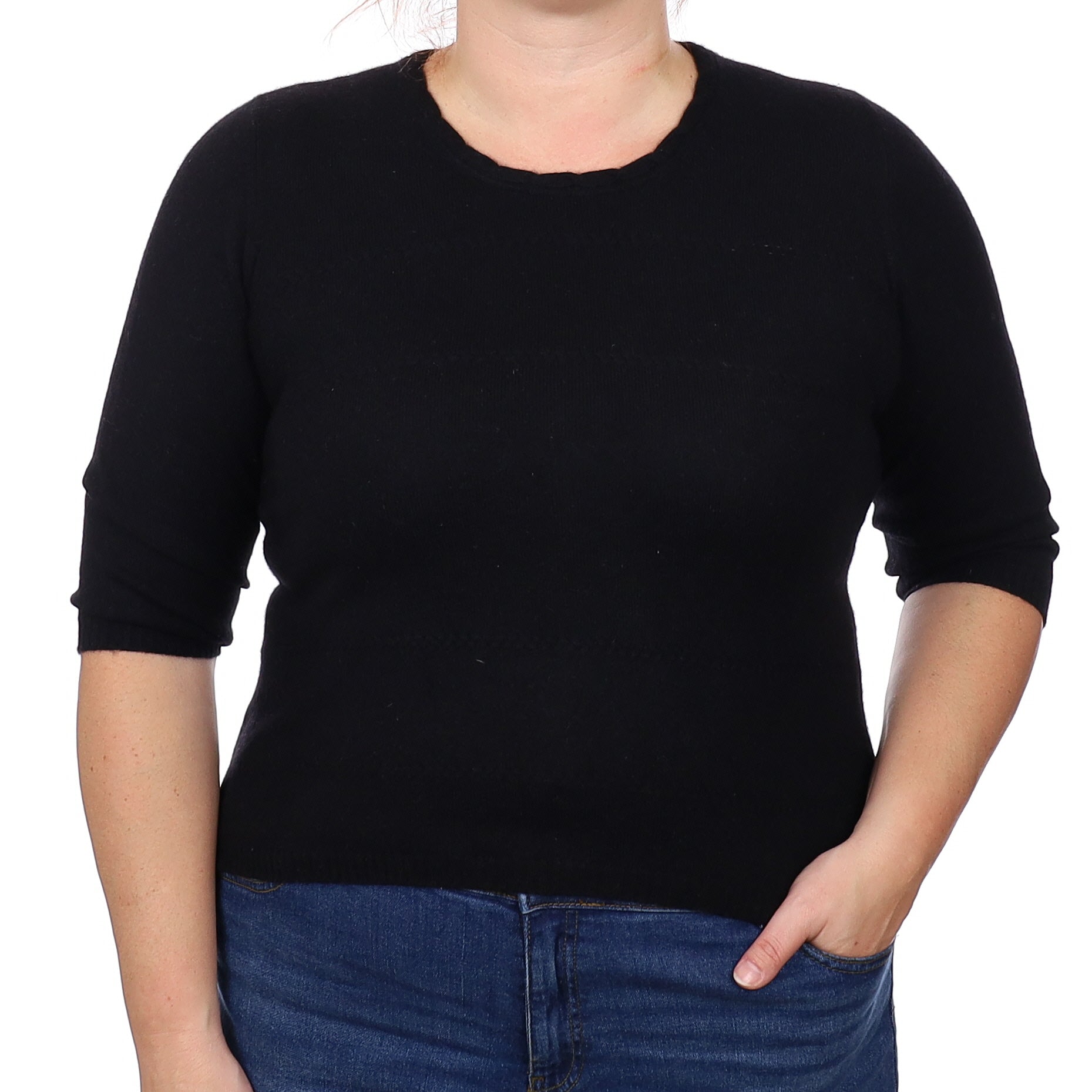 Black Cashmere 1/2 Sleeve Crew Neck Jumper Large