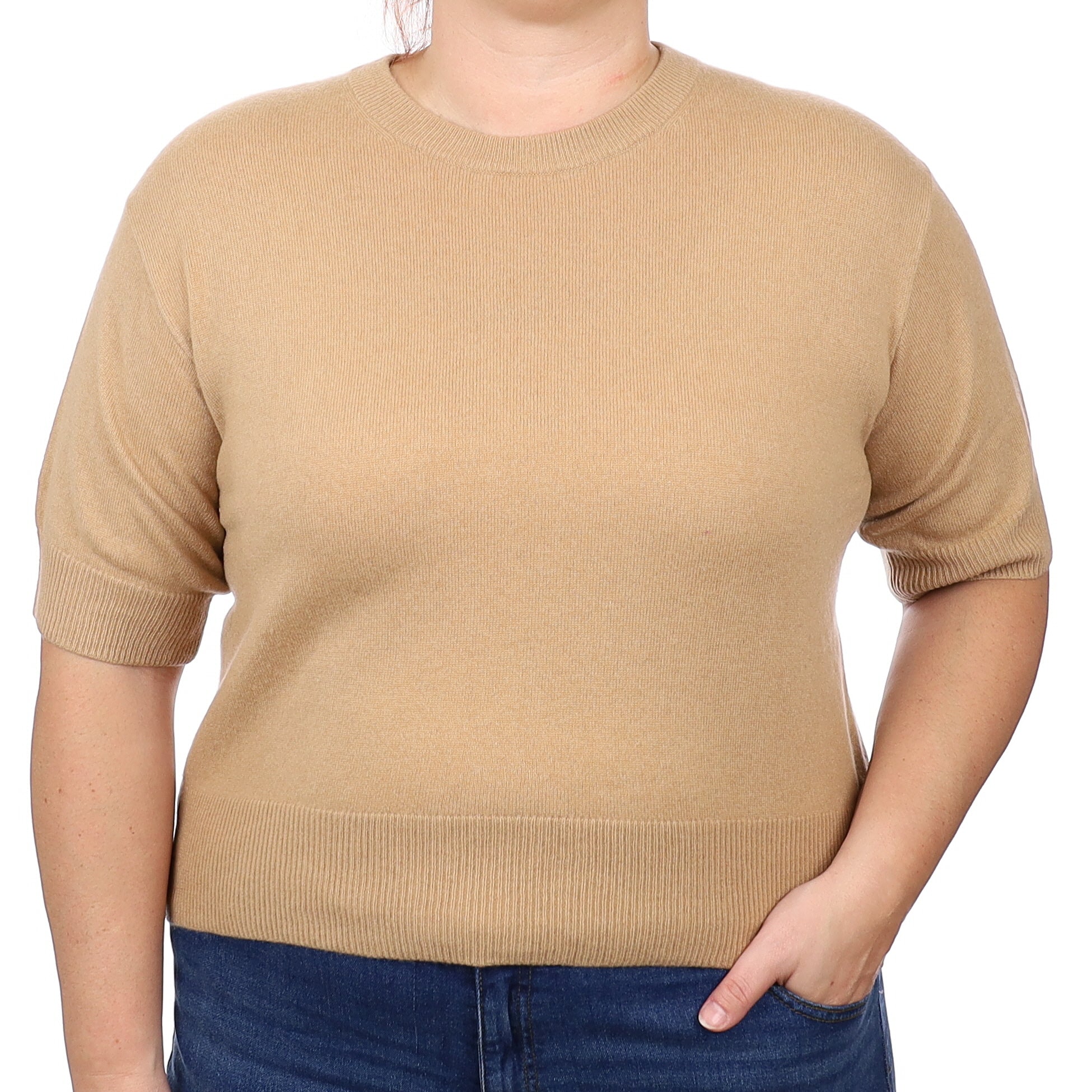 Caramel Brown Cashmere Short Sleeve Crew Neck Jumper Large