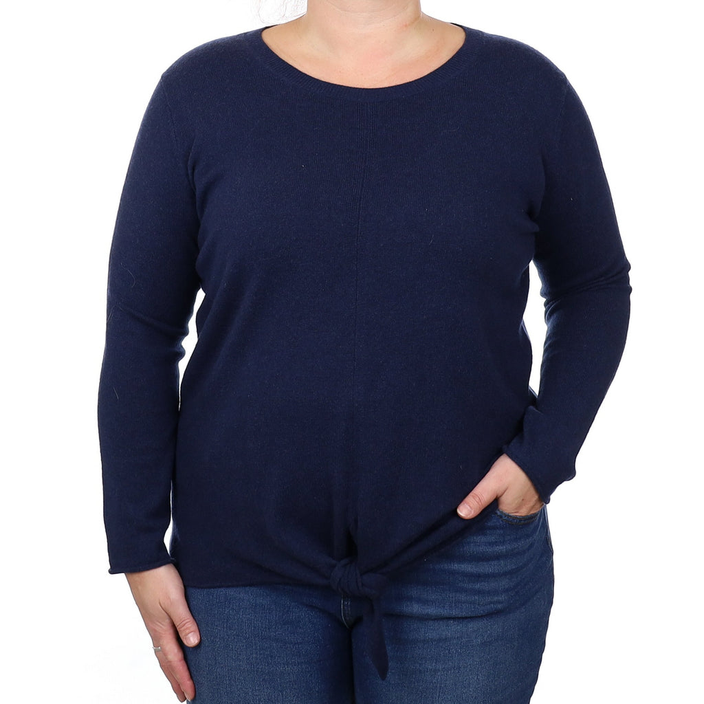 Navy Cashmere Tie Front Crew Neck Jumper Large