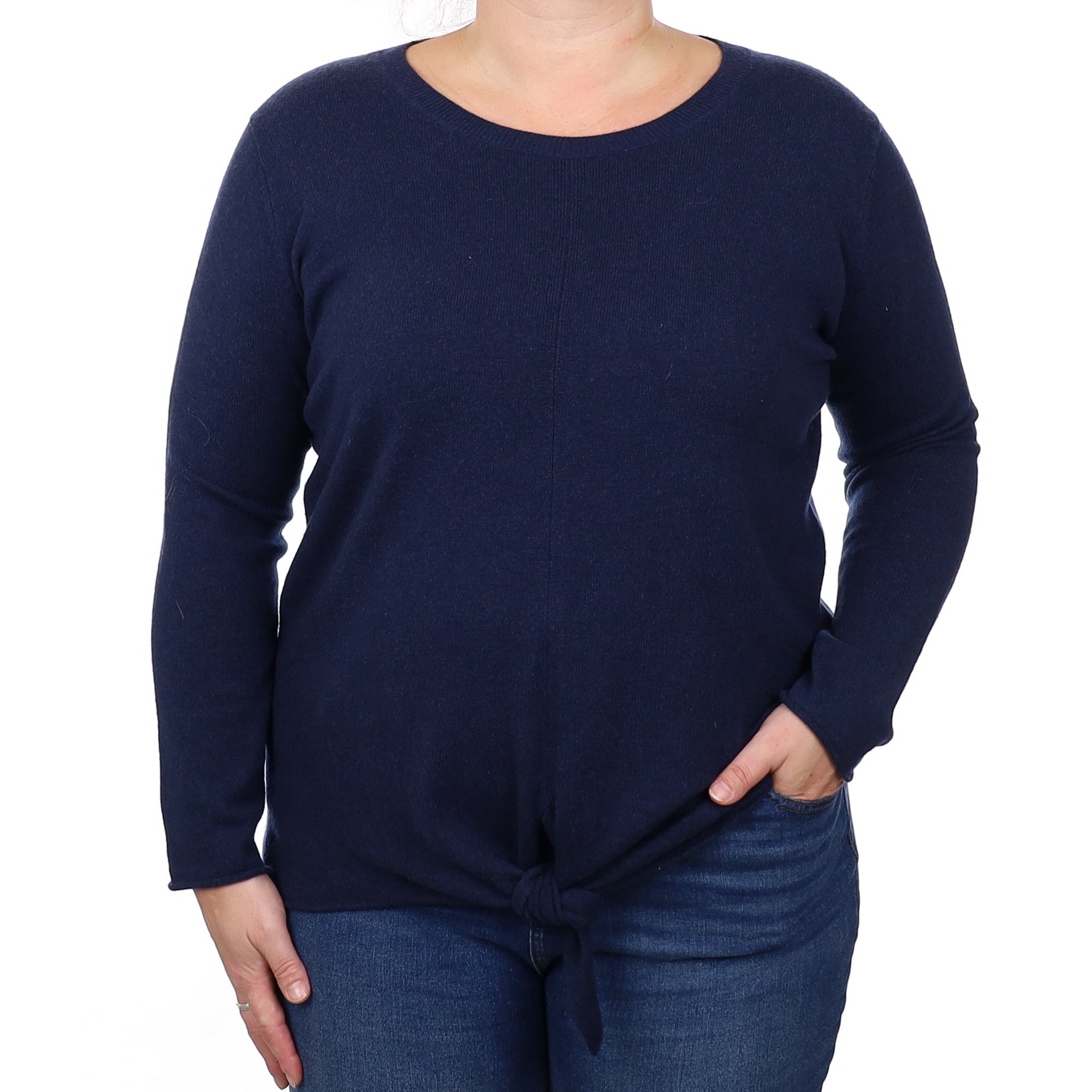 Navy Cashmere Tie Front Crew Neck Jumper Large