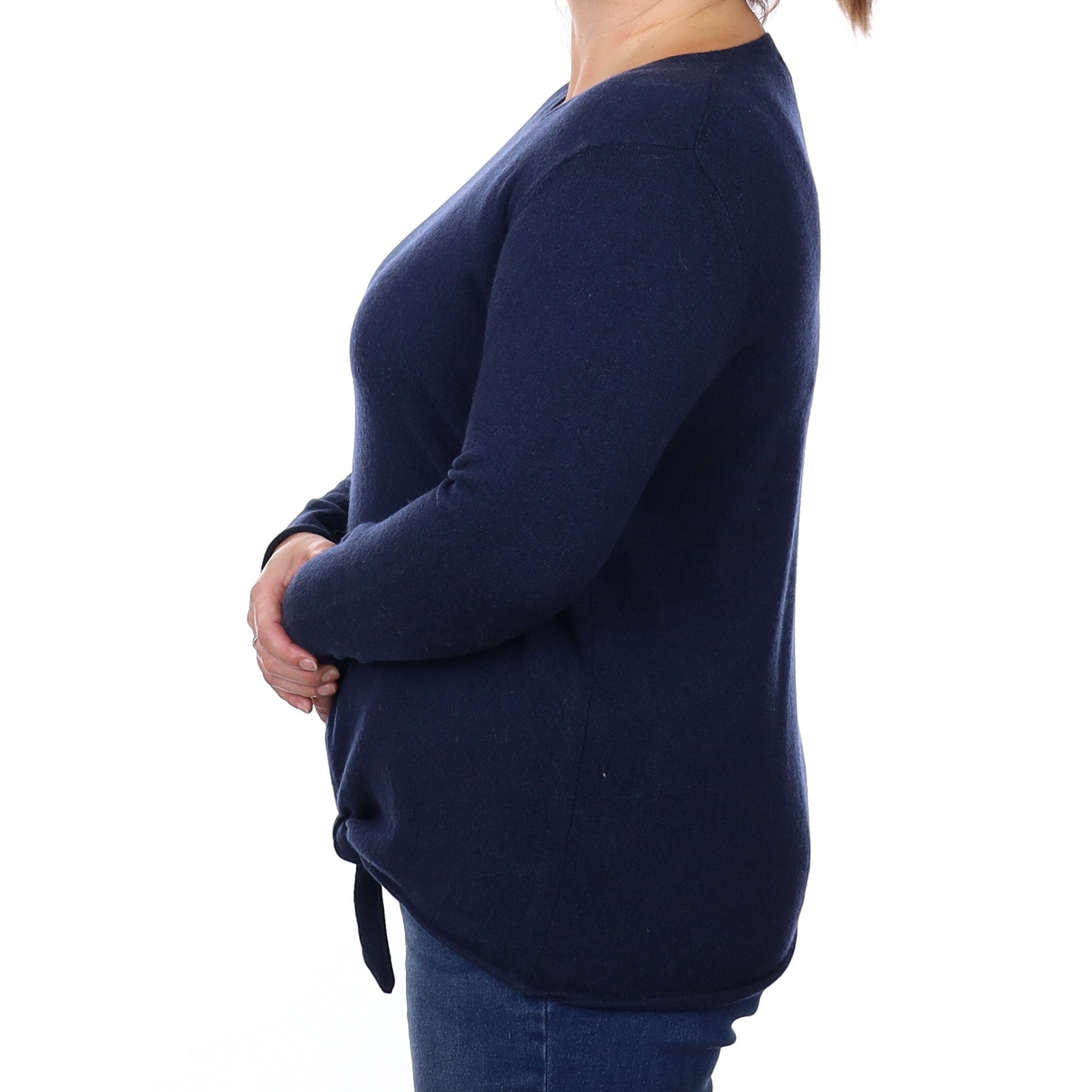 Navy Cashmere Tie Front Crew Neck Jumper Large