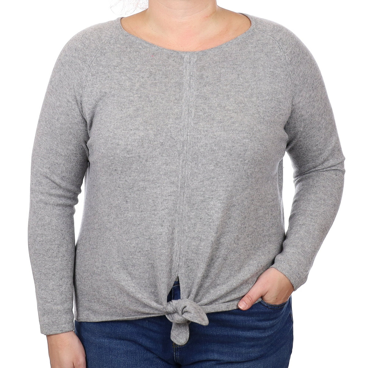 Ash Grey Cashmere Tie Front Crew Neck Jumper Large