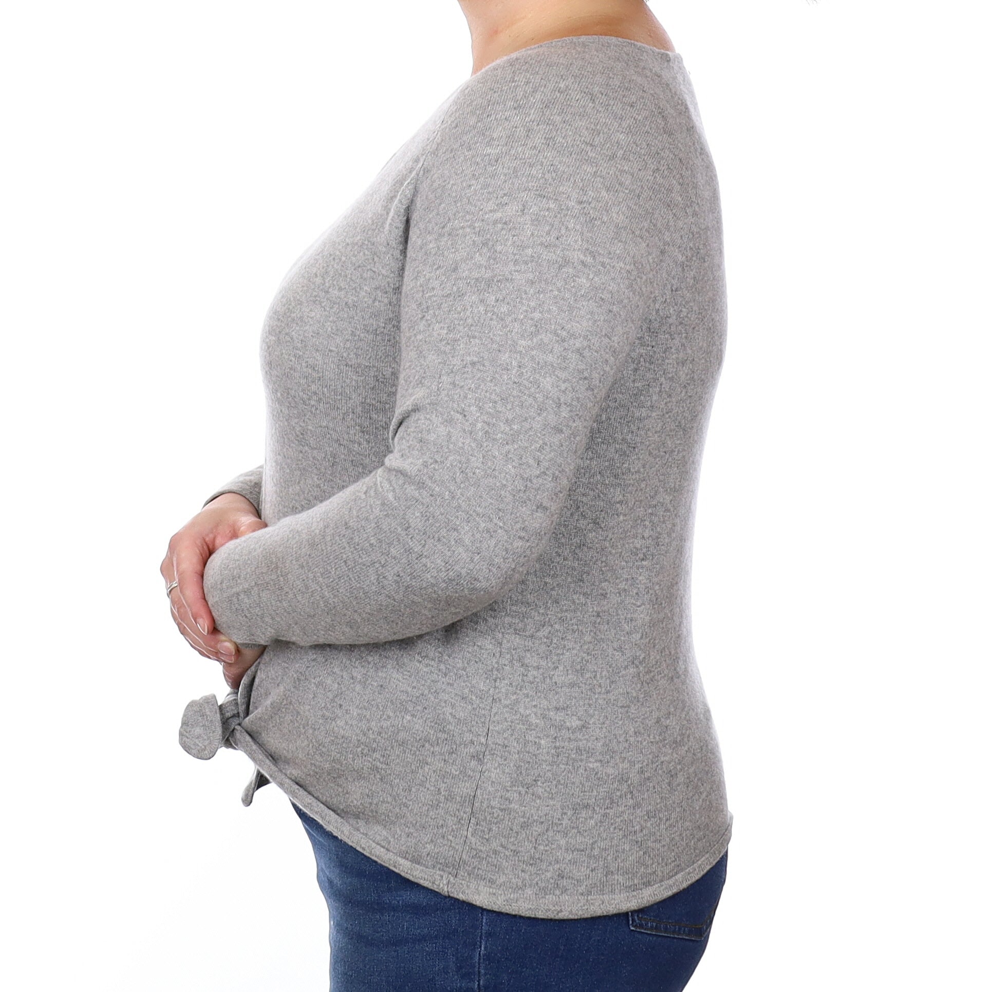 Ash Grey Cashmere Tie Front Crew Neck Jumper Large