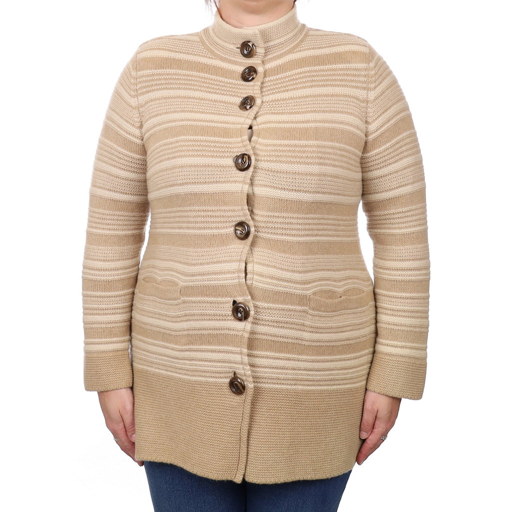 Caramel Stripe Cashmere Chunky Turtle Neck Coat with Pockets Large