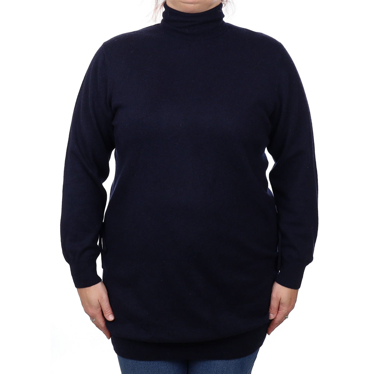 Navy Cashmere Feature Sleeve Polo Neck Dress Large