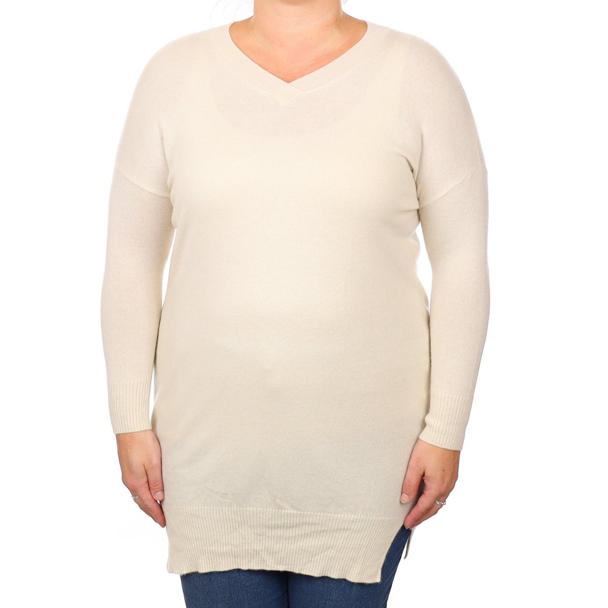 Ivory Cashmere Longline V Neck Jumper Large