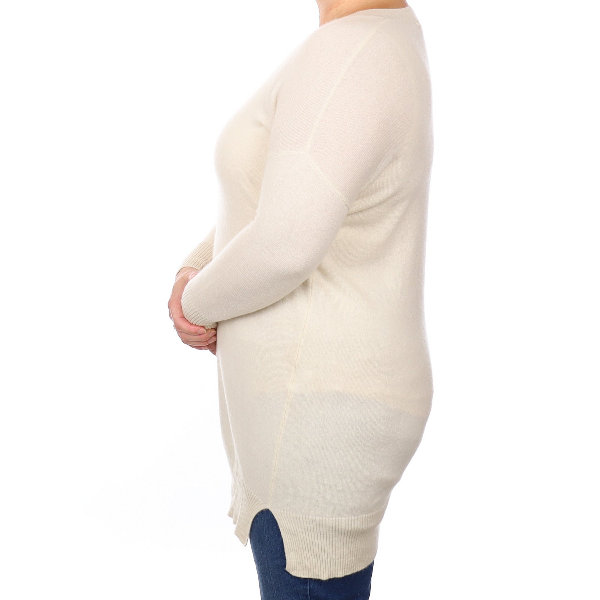 Ivory Cashmere Longline V Neck Jumper Large