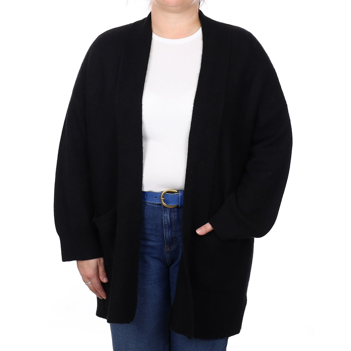 Black Cashmere Edge to Edge Cardigan with Pockets Extra Large