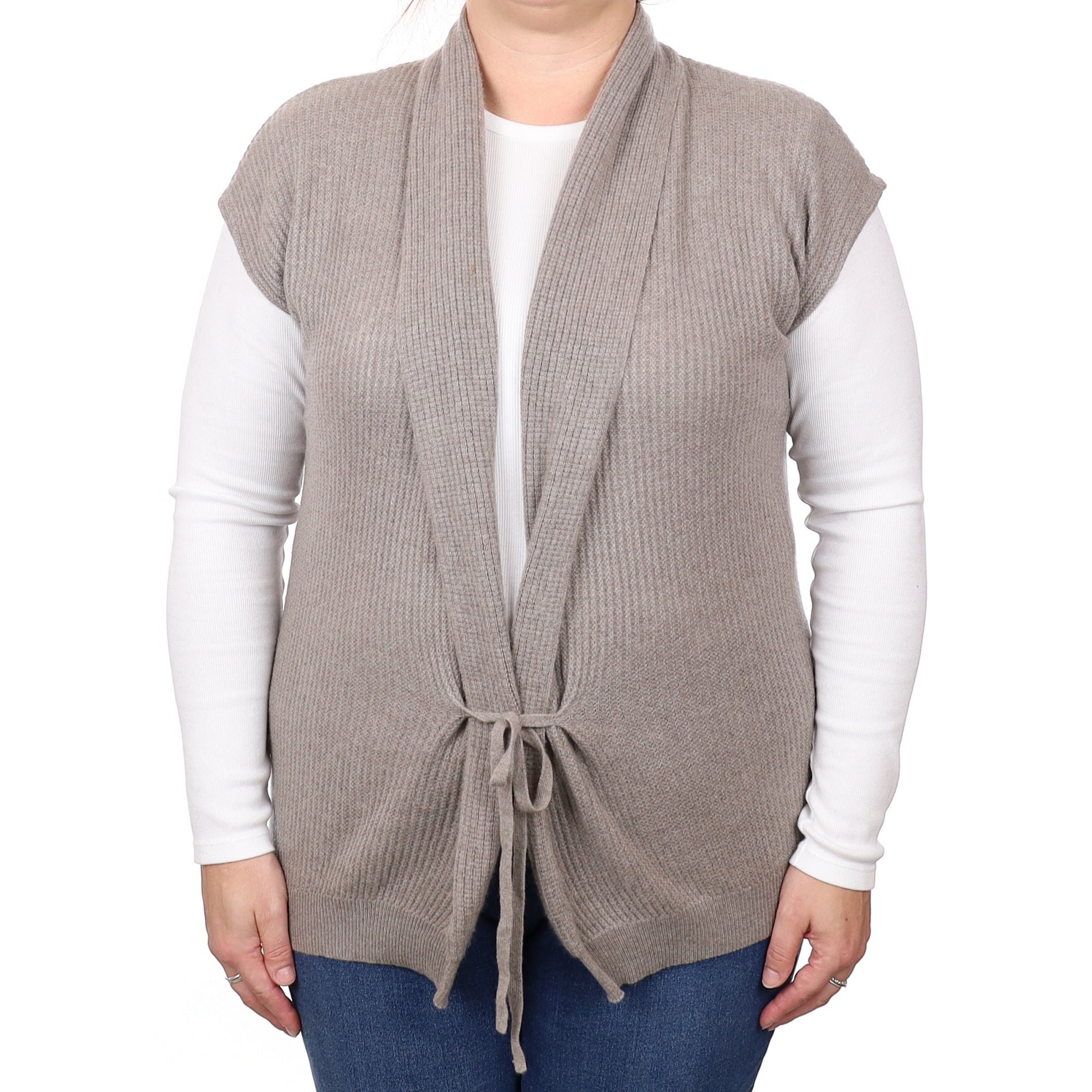 Allude Mink Rib Cashmere Tie Front Sleeveless Cardigan Extra Large