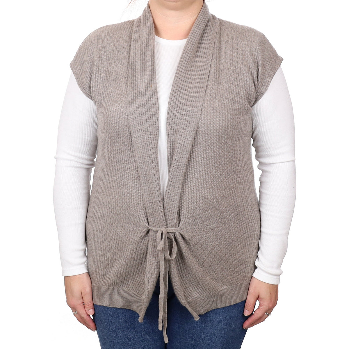 Allude Mink Rib Cashmere Tie Front Sleeveless Cardigan Extra Large