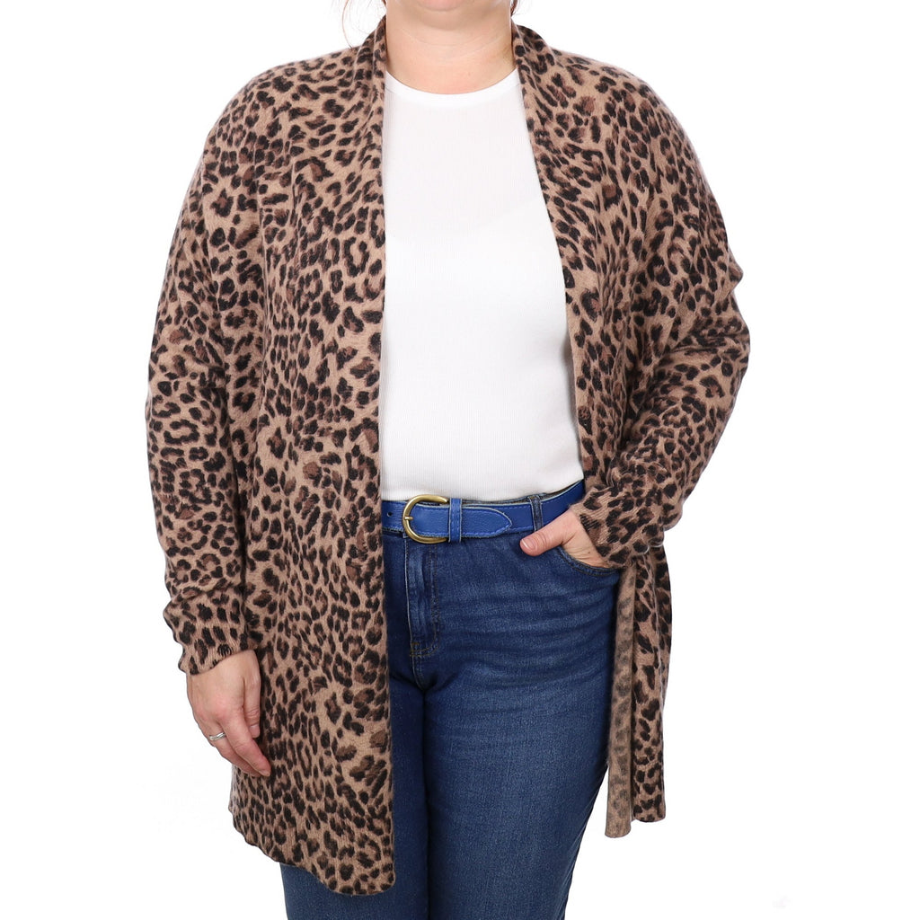 Animal Print Cashmere Edge to Edge Cardigan with Pockets Extra Large