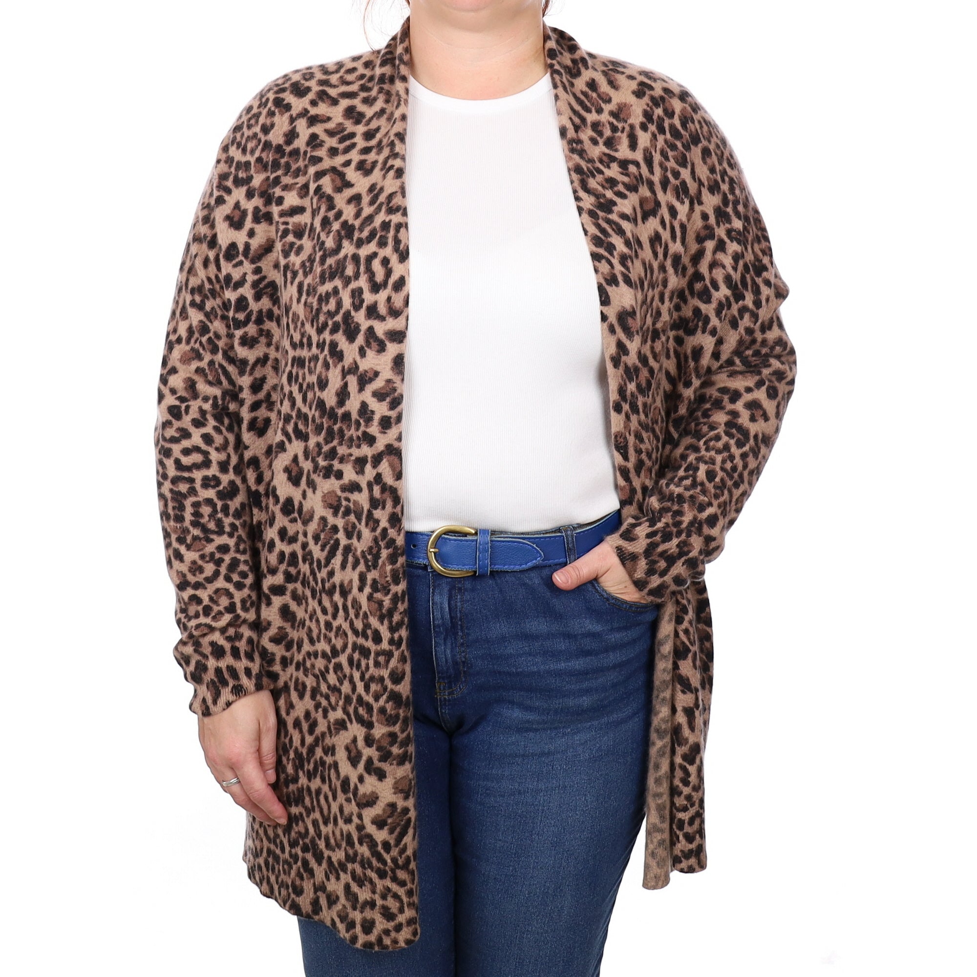 Animal Print Cashmere Edge to Edge Cardigan with Pockets Extra Large