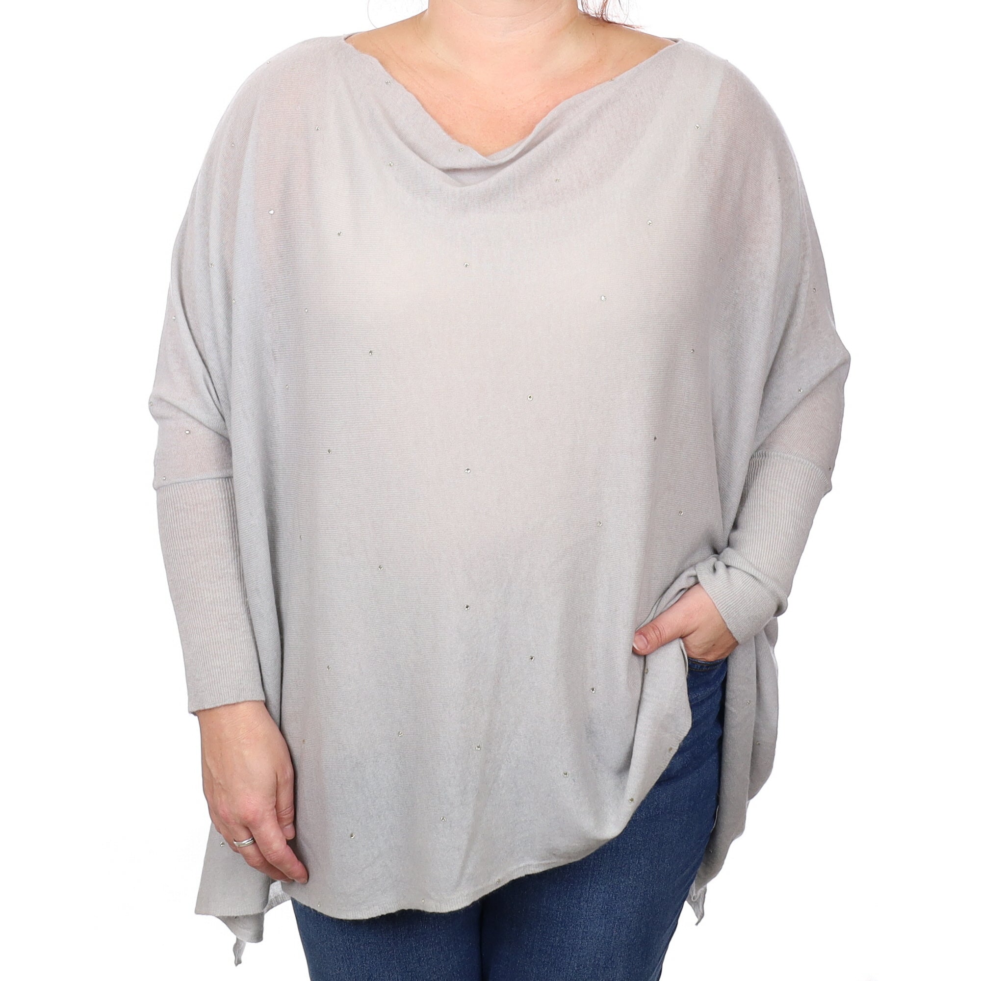 Palest Duck Egg Diamanté Cashmere Super Slouchy Drape Neck Jumper Extra Large