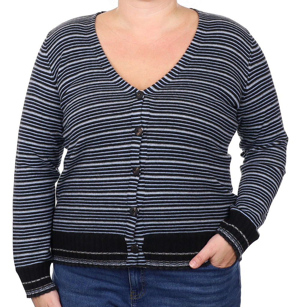 Black and Blue Stripe Cashmere V Neck Cardigan Extra Large