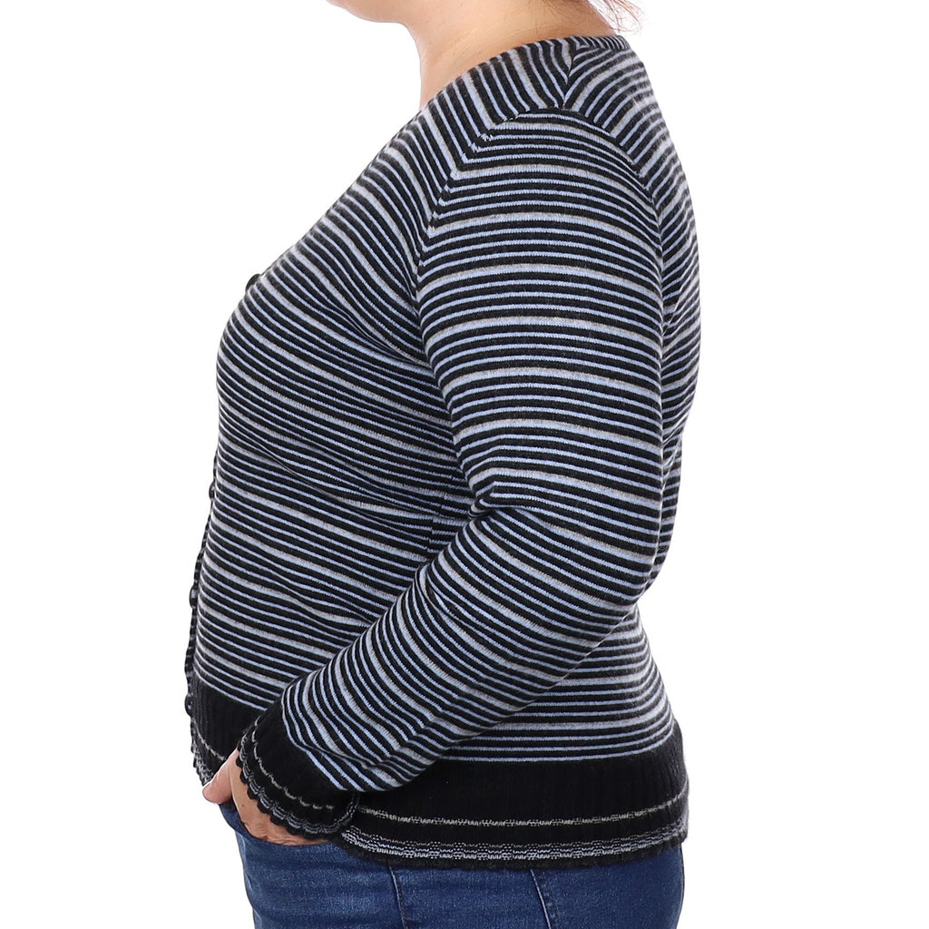 Black and Blue Stripe Cashmere V Neck Cardigan Extra Large