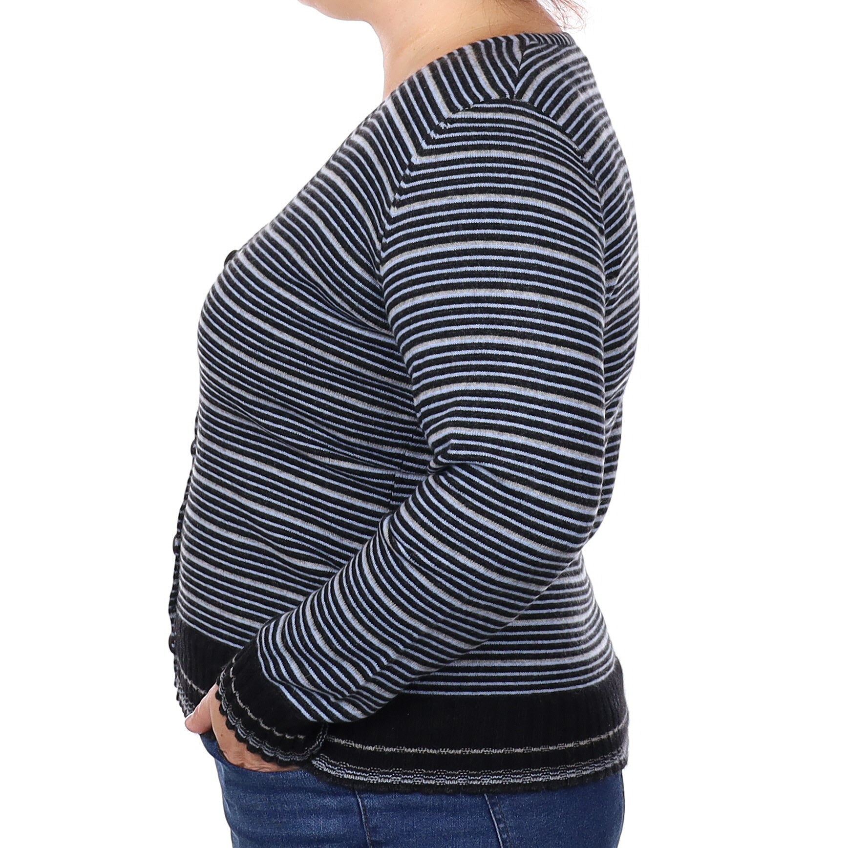 Black and Blue Stripe Cashmere V Neck Cardigan Extra Large