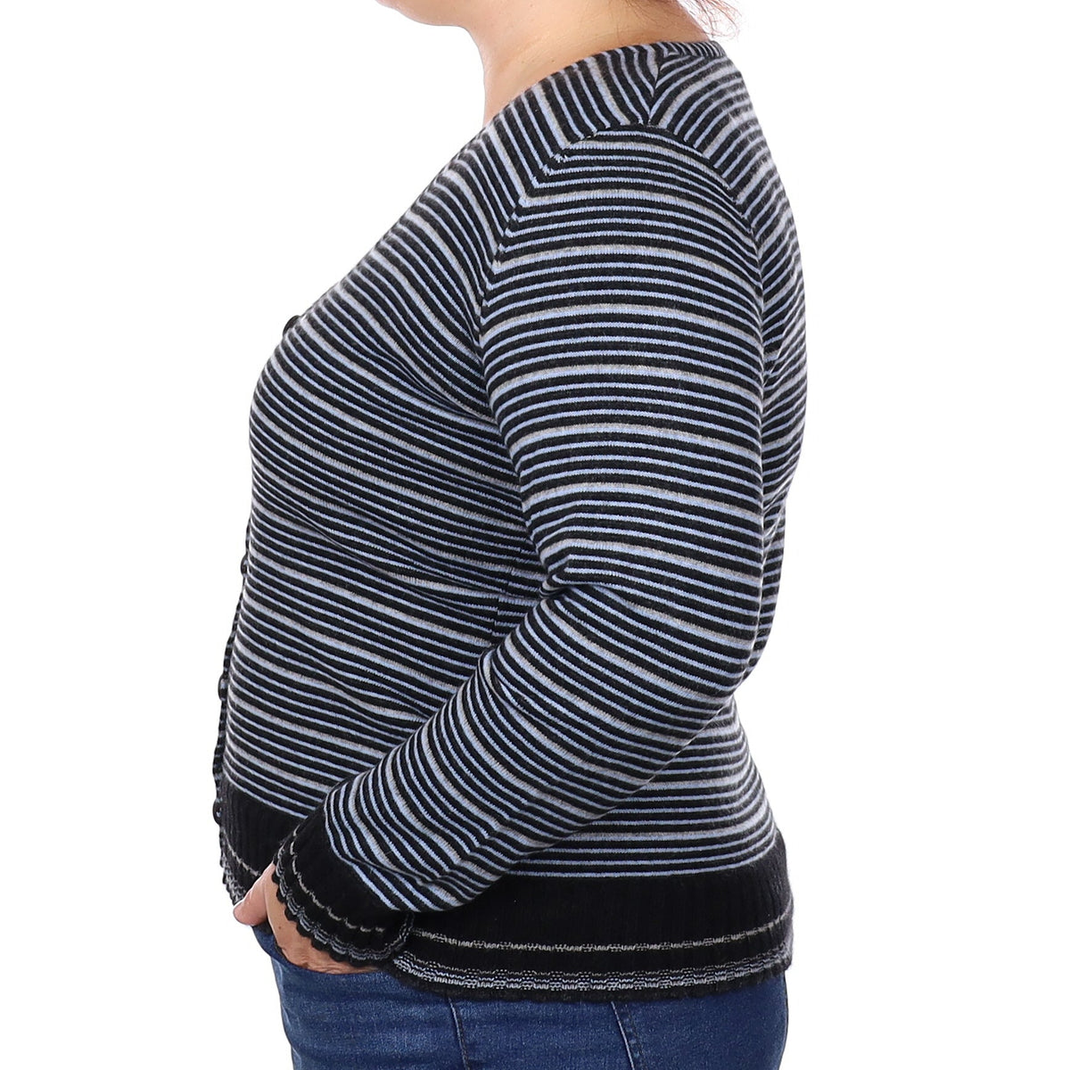 Black and Blue Stripe Cashmere V Neck Cardigan Extra Large