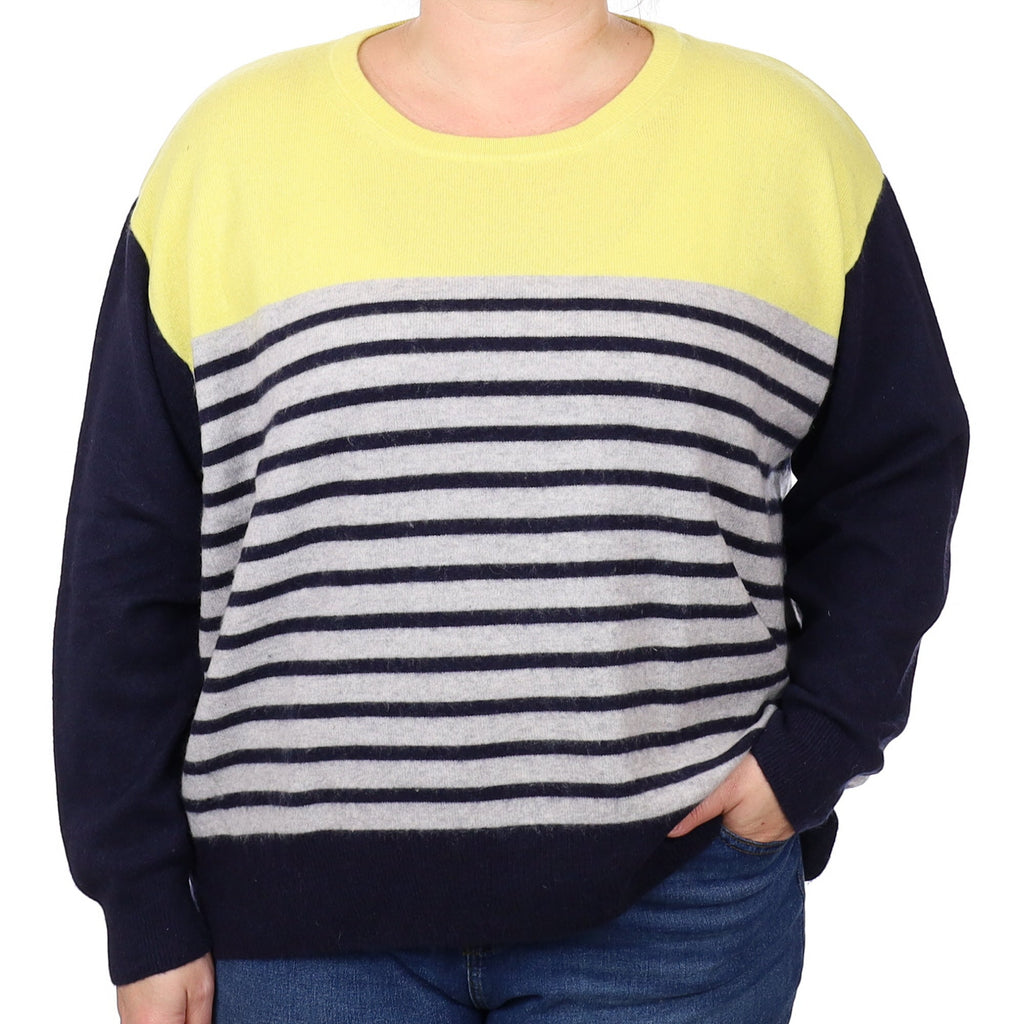 Yellow and Navy Stripe Cashmere Crew Neck Jumper XXXL