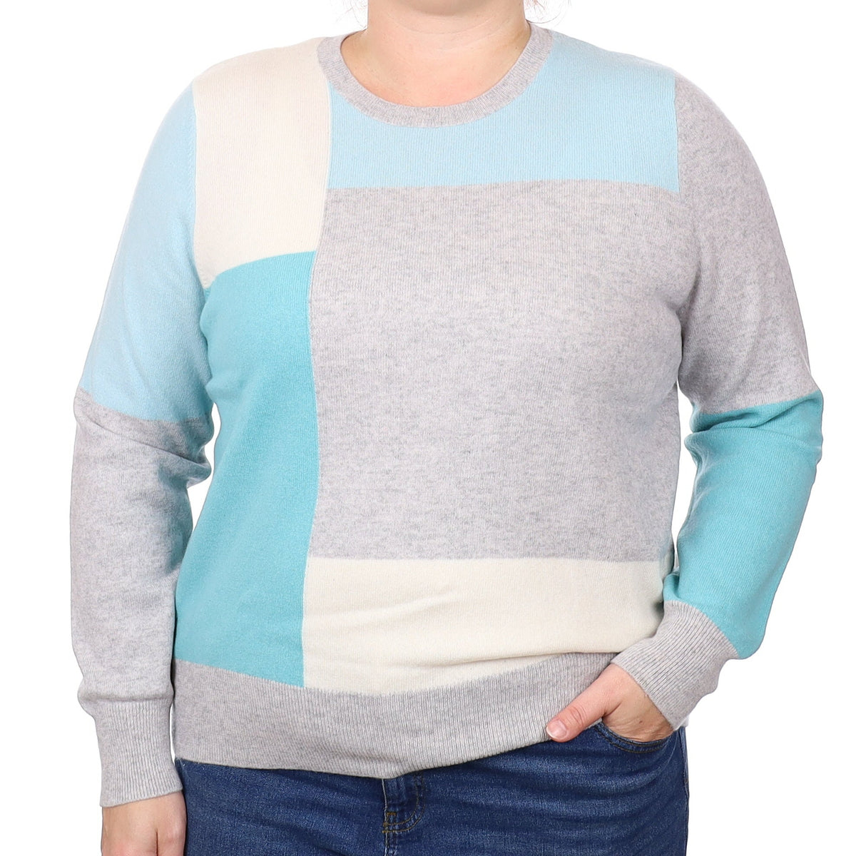 Aqua Colour Block Cashmere Crew Neck Jumper Extra Large