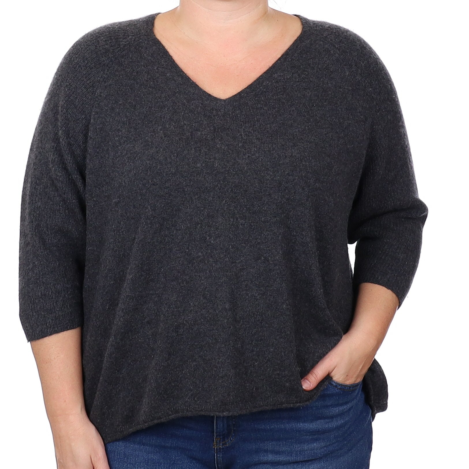 Poetry Charcoal Grey Cashmere 3/4 Sleeve V Neck Jumper Extra Large