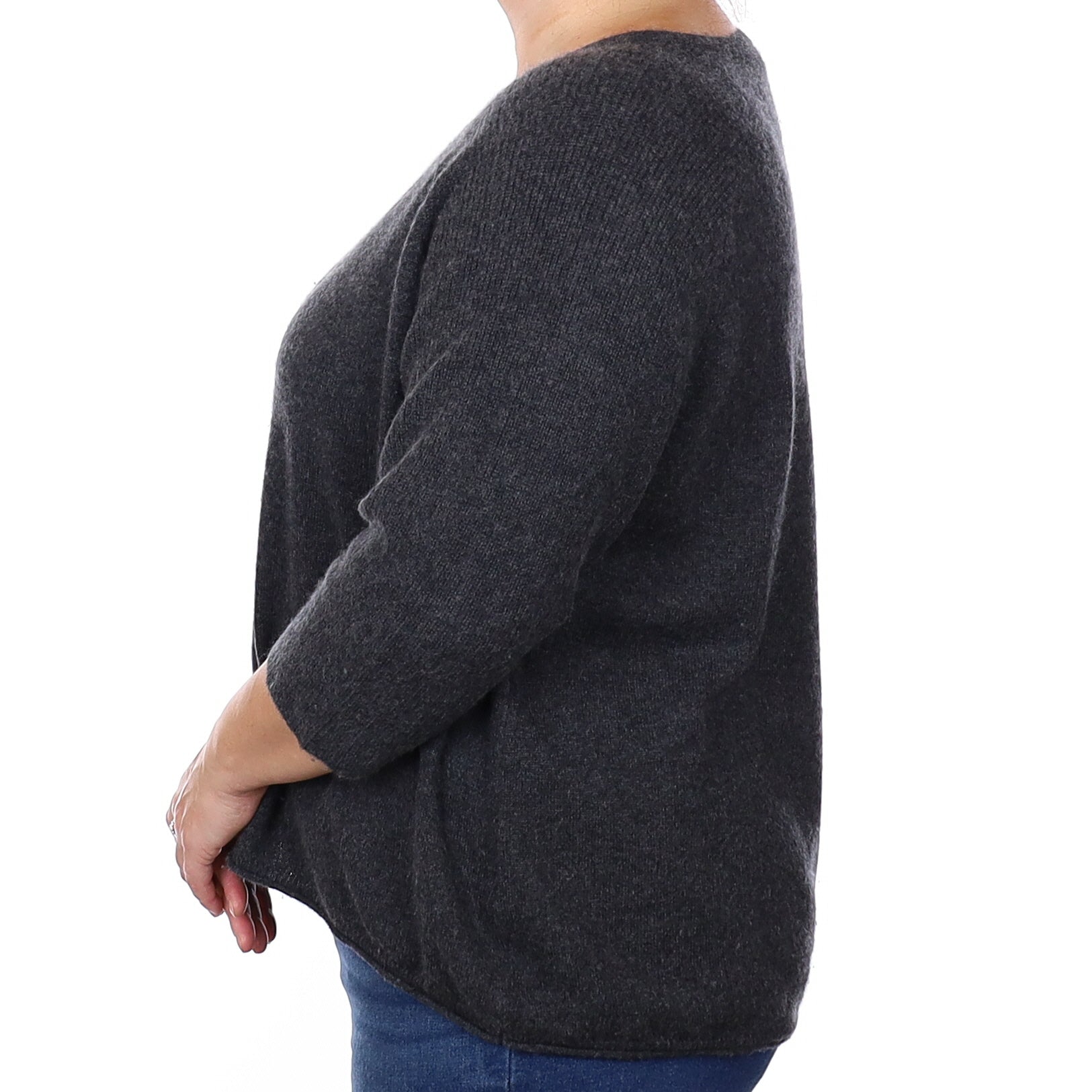 Poetry Charcoal Grey Cashmere 3/4 Sleeve V Neck Jumper Extra Large