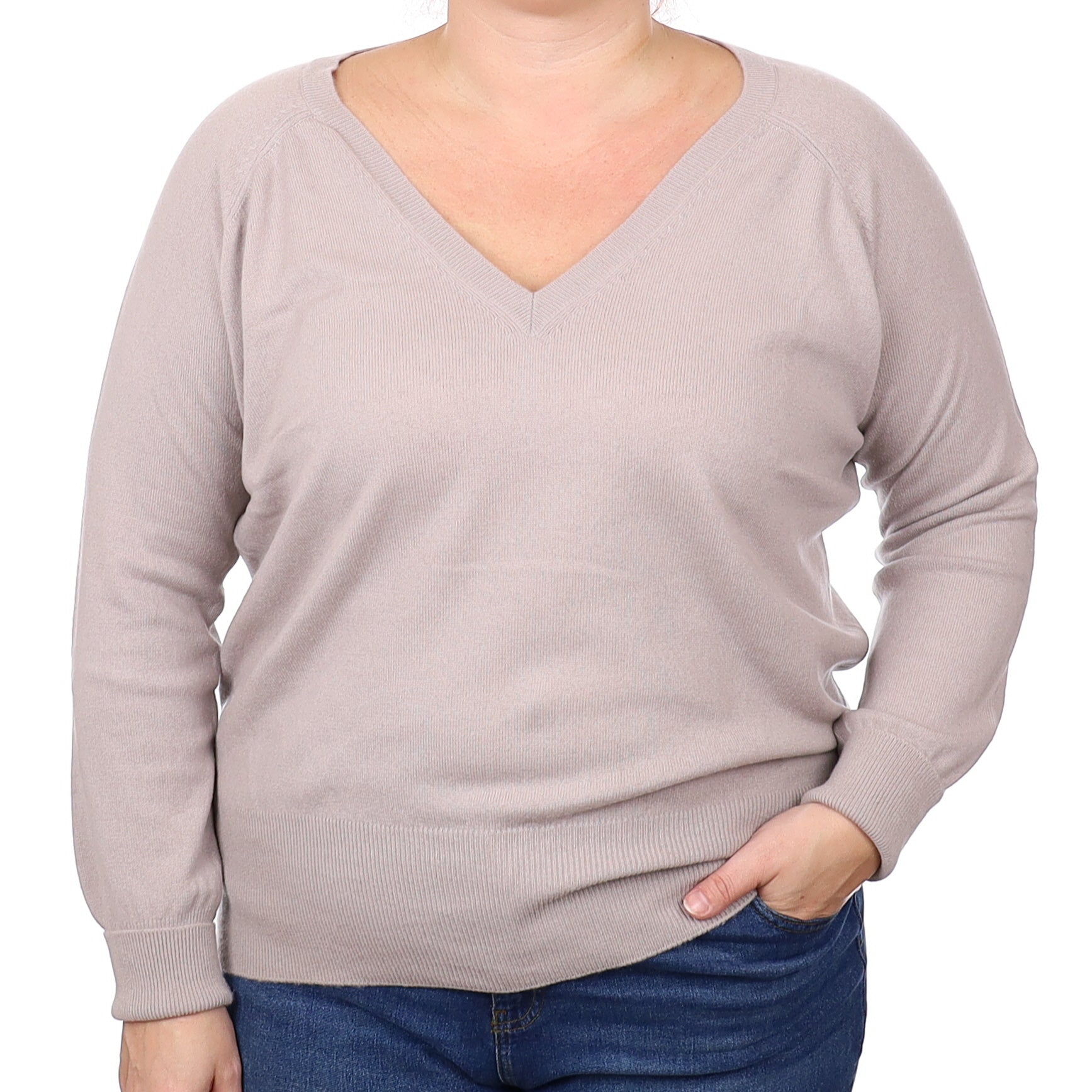 Putty Brown Cashmere V Neck Jumper Extra Large