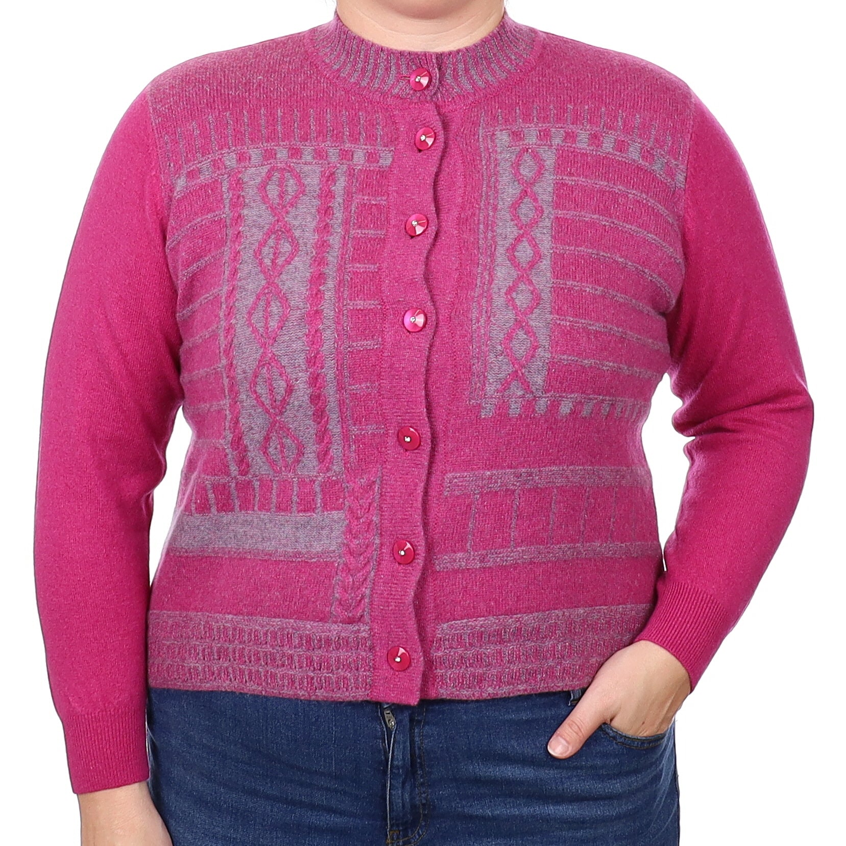Pink and Grey Textured Cashmere High Crew Neck Cardigan Extra Large