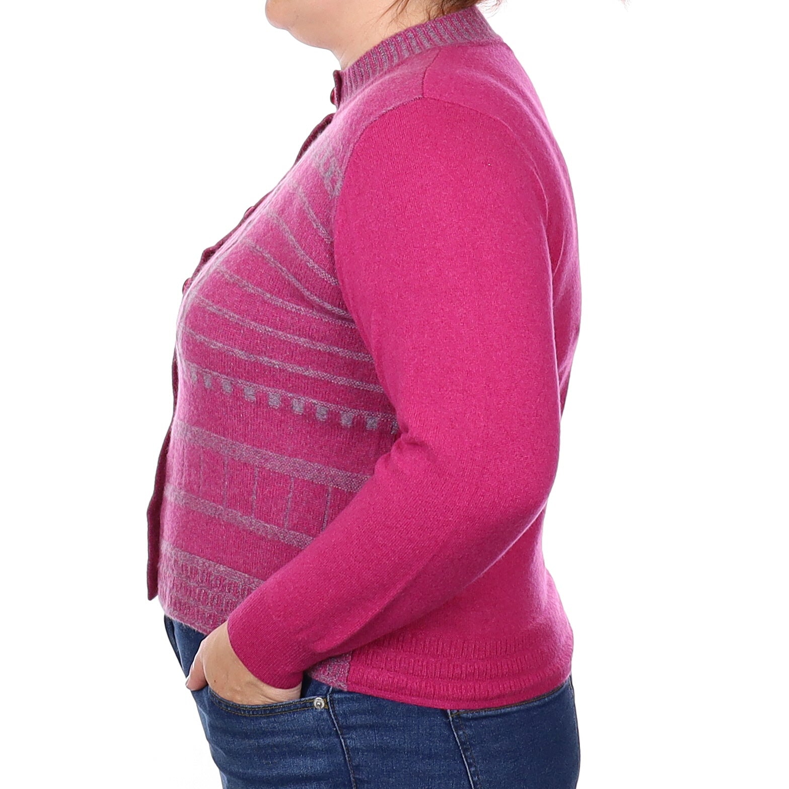 Pink and Grey Textured Cashmere High Crew Neck Cardigan Extra Large
