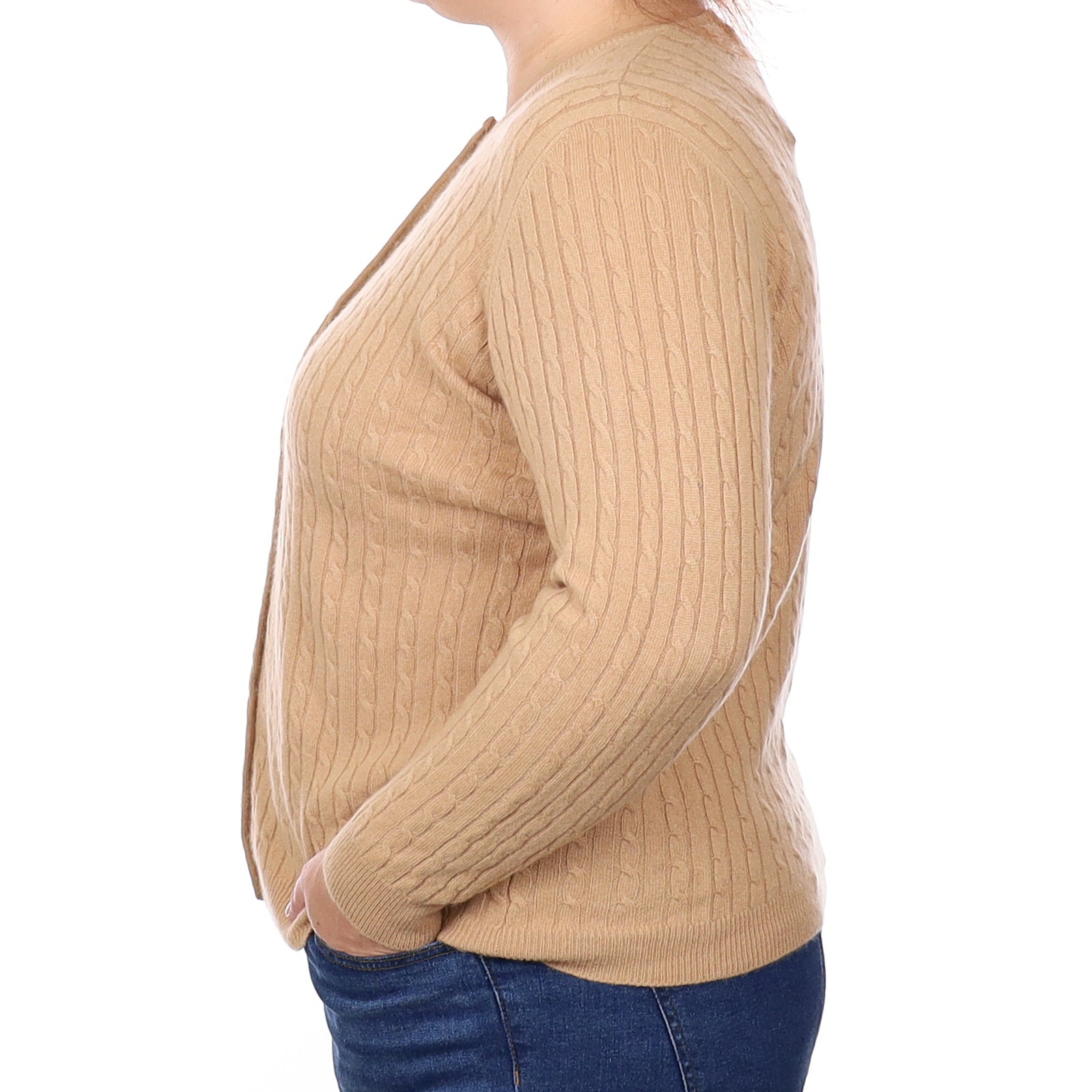 Caramel Cable Cashmere Crew Neck Cardigan Extra Large