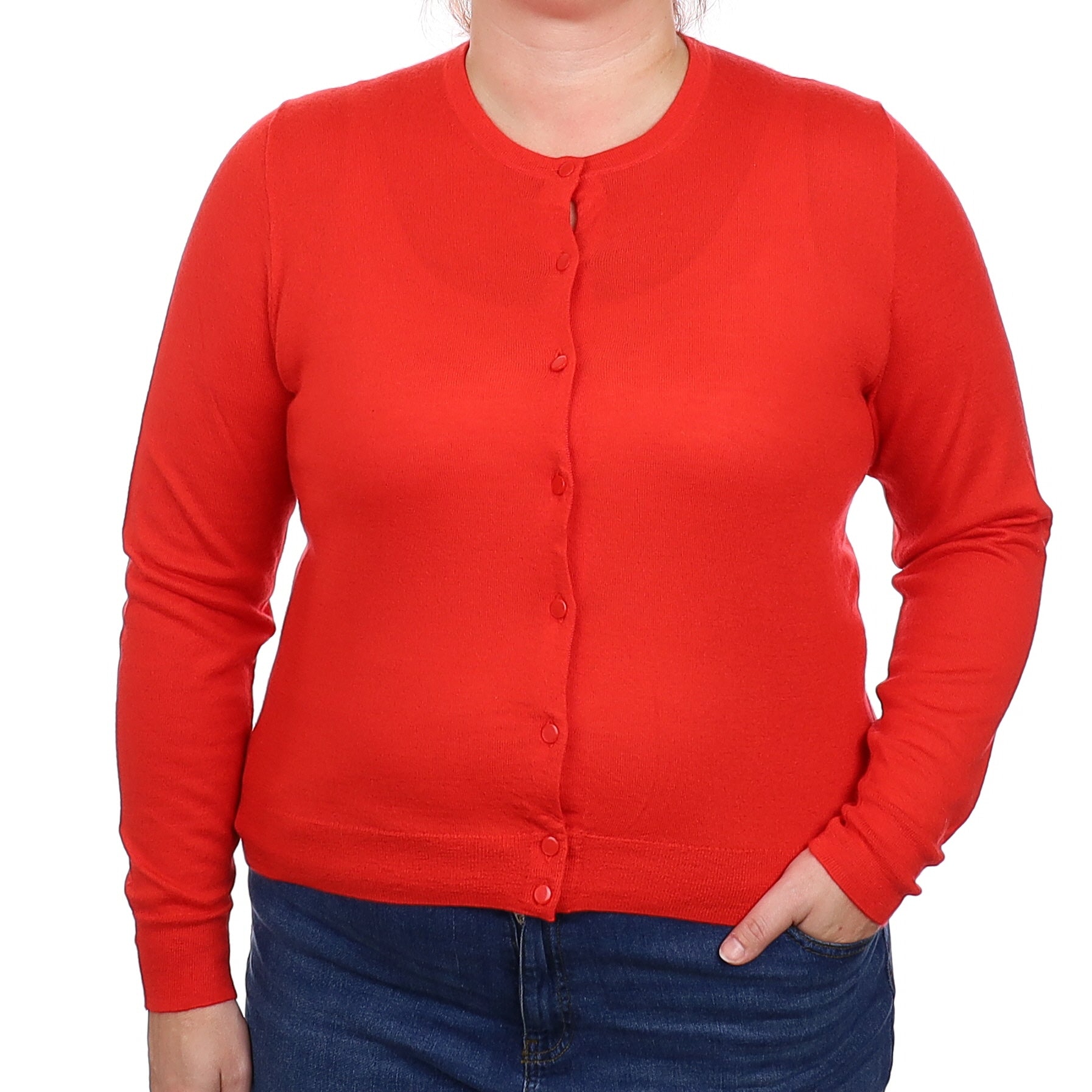 Vermillion Orange Fine Knit Cashmere Crew Neck Cardigan Extra Large