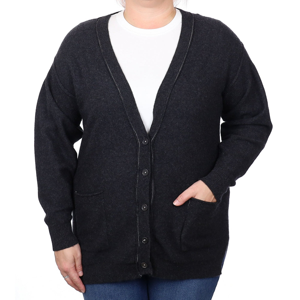 Graphite Grey Cashmere V Neck Cardigan with Pockets Extra Large