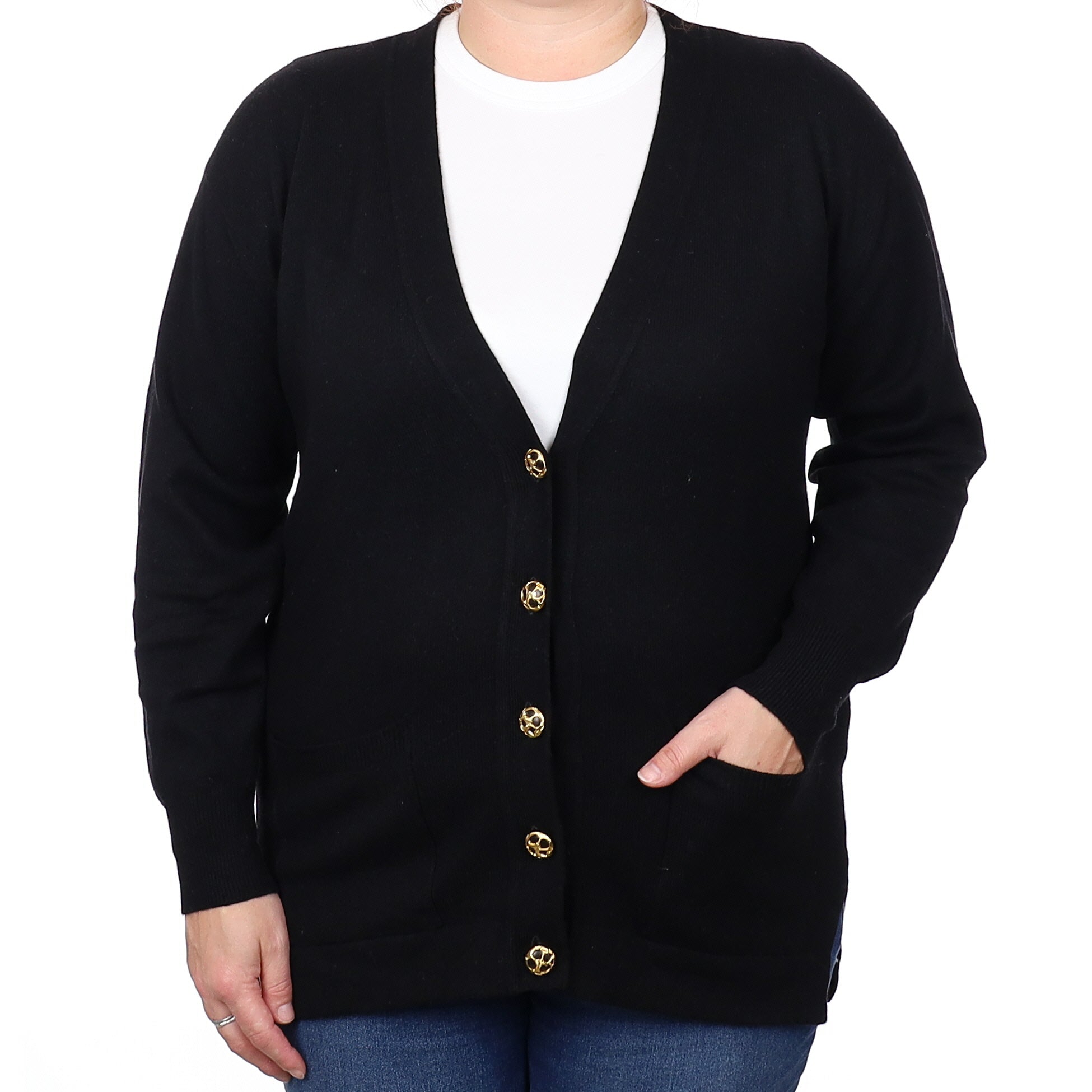 Black Cashmere V Neck Cardigan with Pockets Extra Large