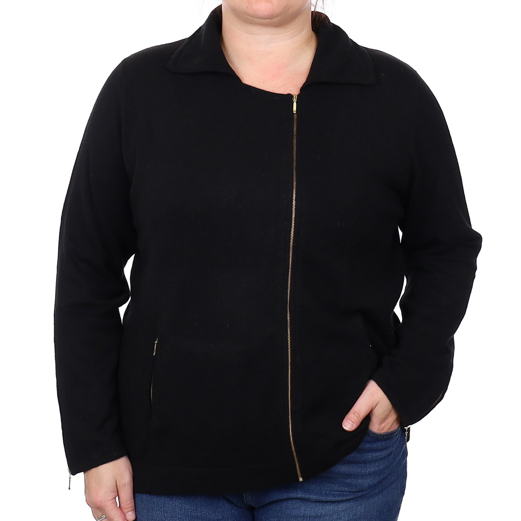 Black Cashmere Zip Up Collared Cardigan Extra Large