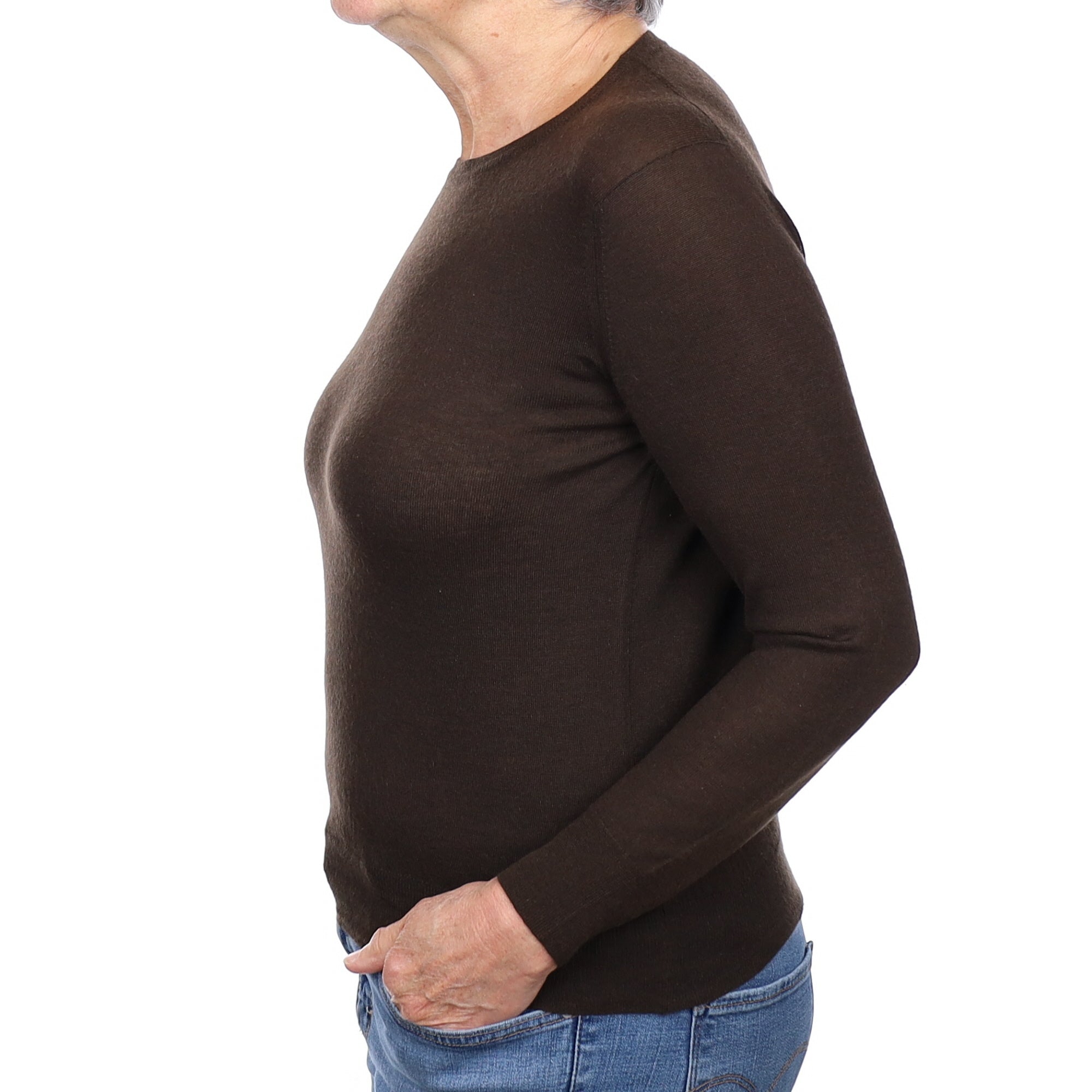 Chocolate Brown Fine Knit Cashmere Crew Neck Jumper Medium