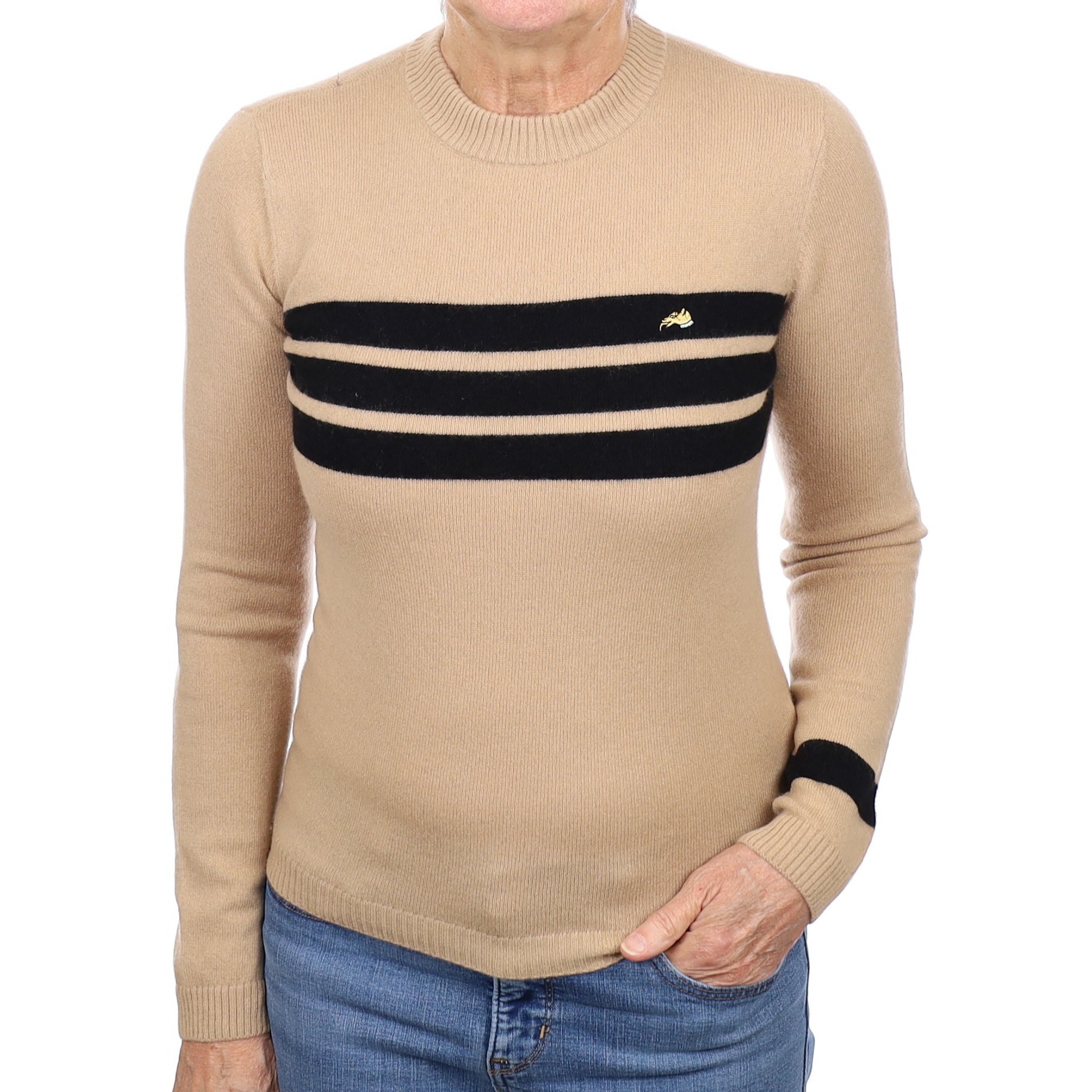 Camel & Black Cashmere Crew Neck Jumper Medium