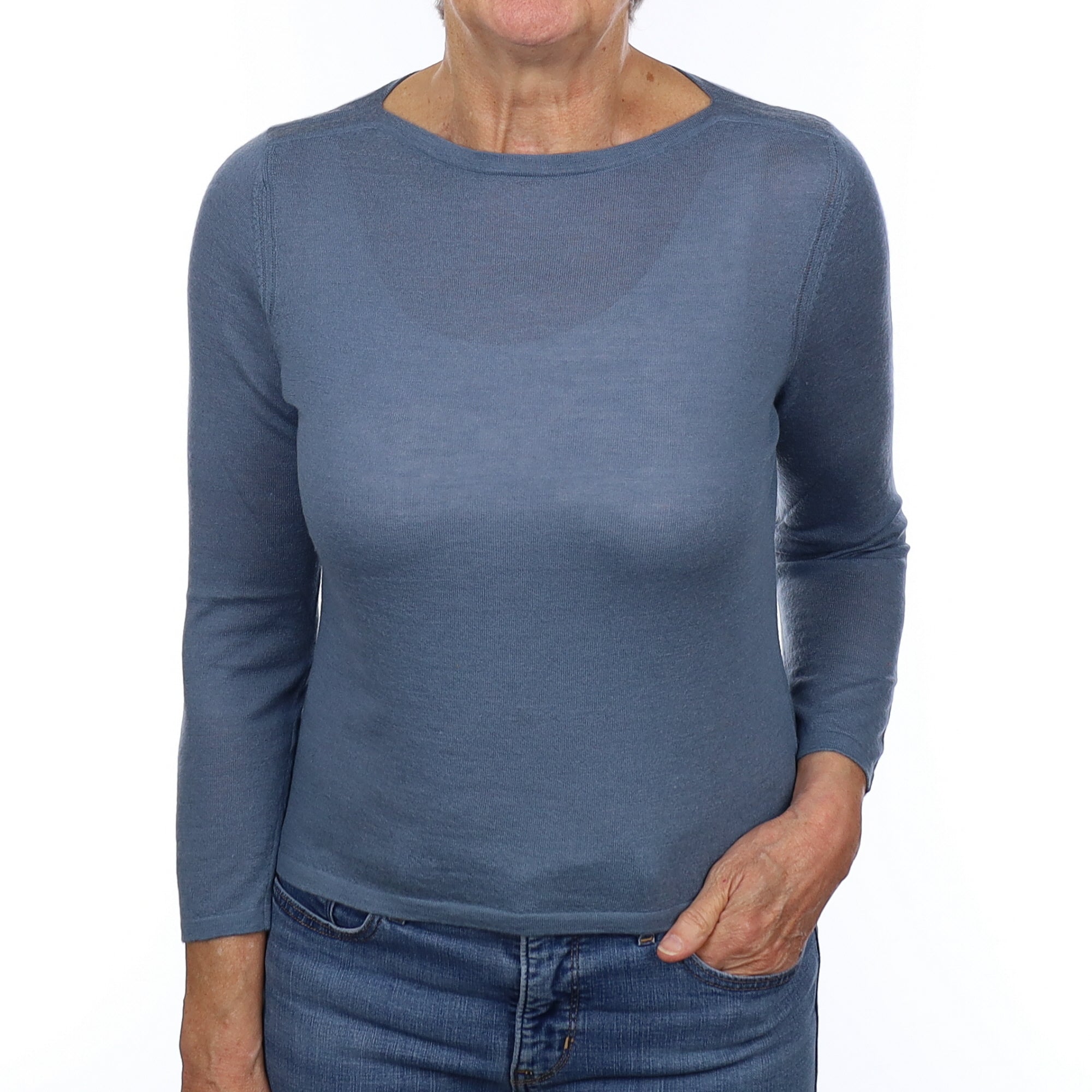 Steel Blue Fine Knit Cashmere Boat Neck Jumper Medium