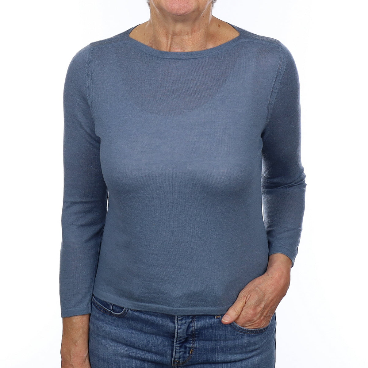 Steel Blue Fine Knit Cashmere Boat Neck Jumper Medium