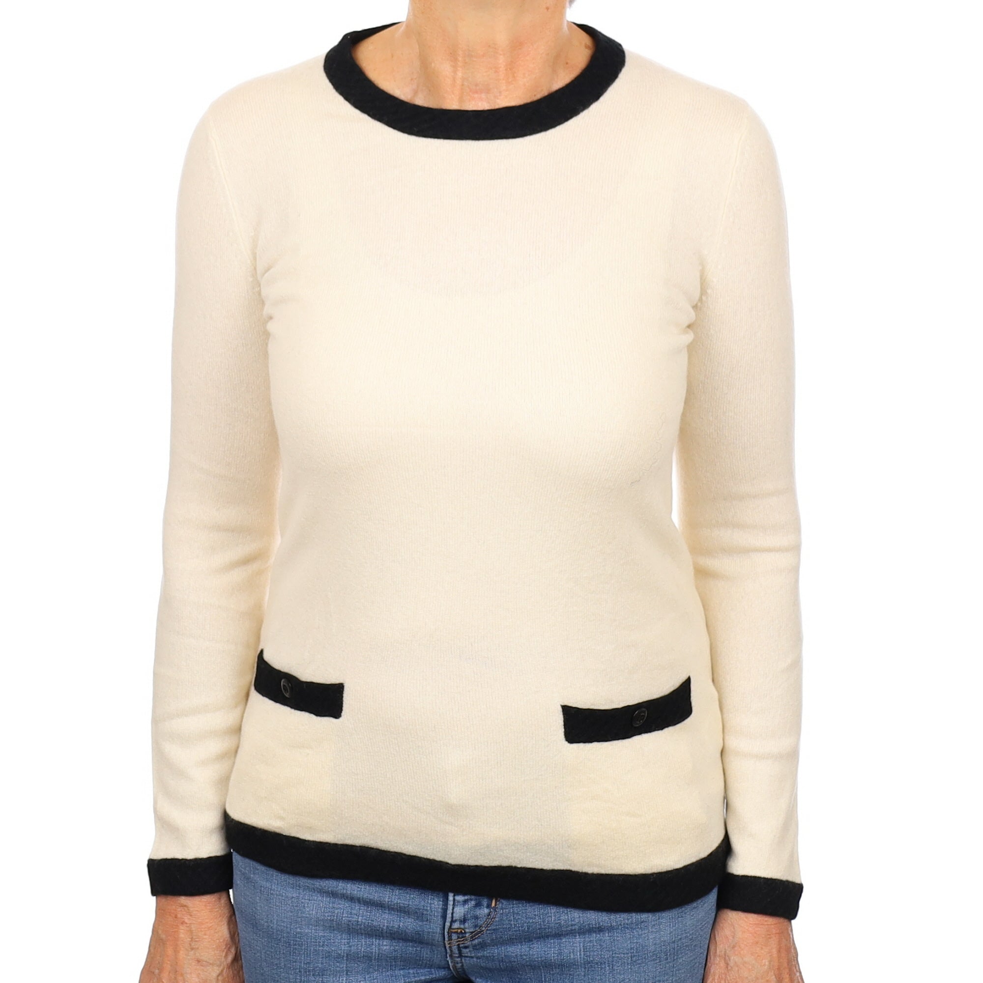 Ivory & Black Trim Cashmere Crew Neck Jumper Medium