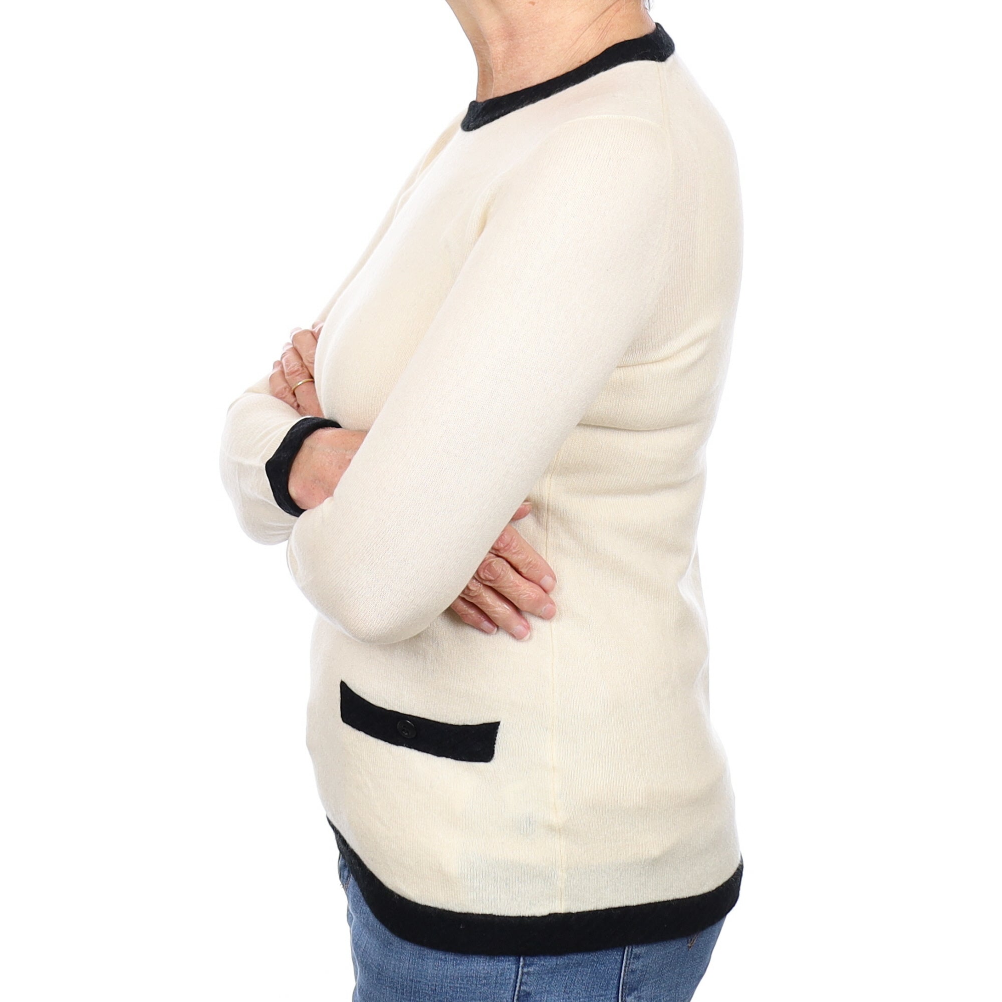 Ivory & Black Trim Cashmere Crew Neck Jumper Medium