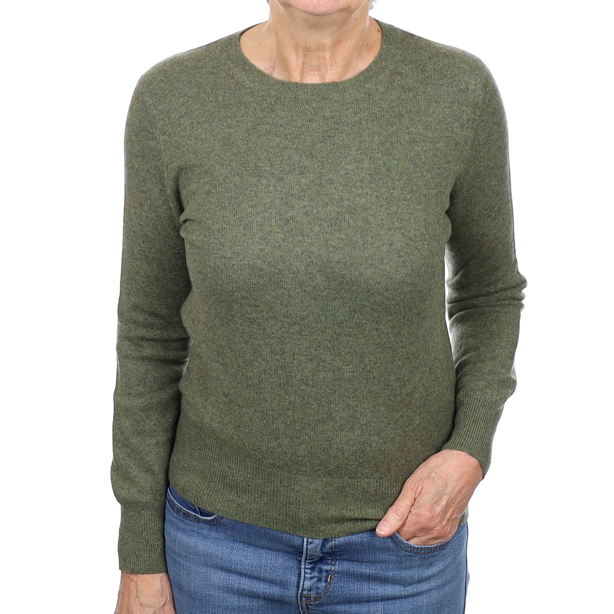 Khaki Green Marl Cashmere Crew Neck Jumper Medium