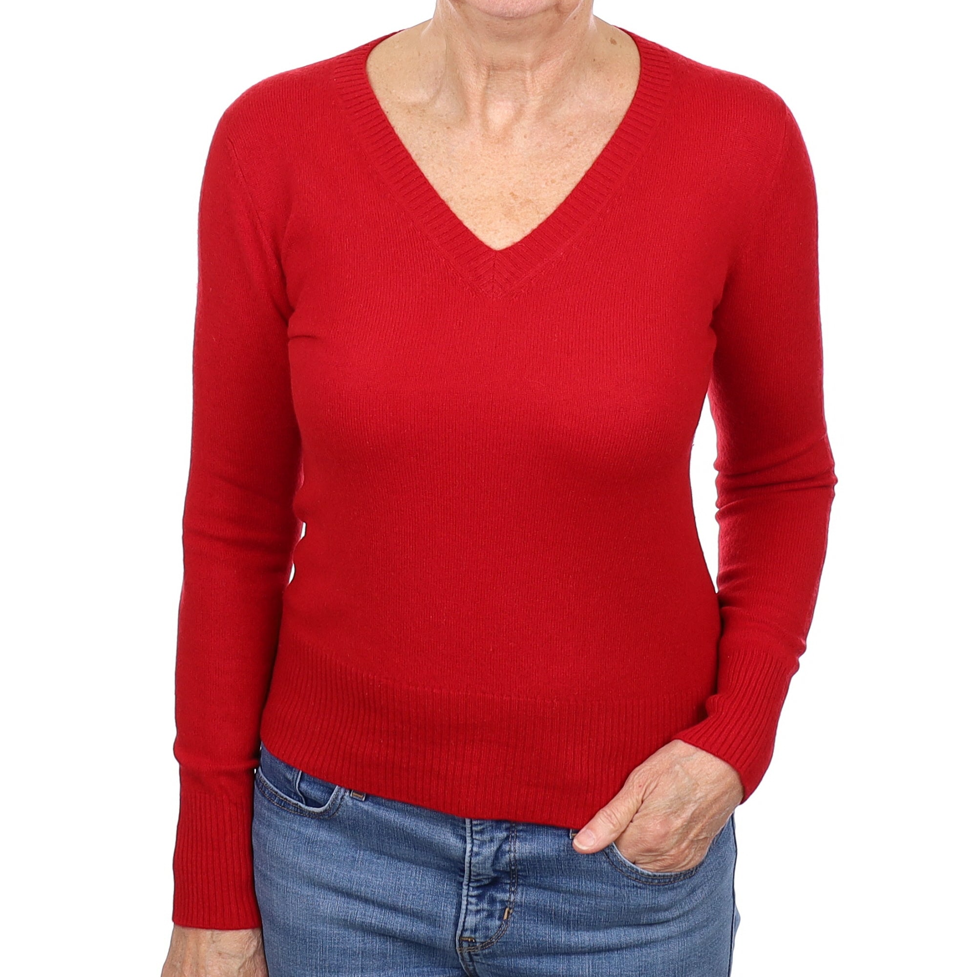 Post Box  Red Lightweight Cashmere V Neck Jumper Medium