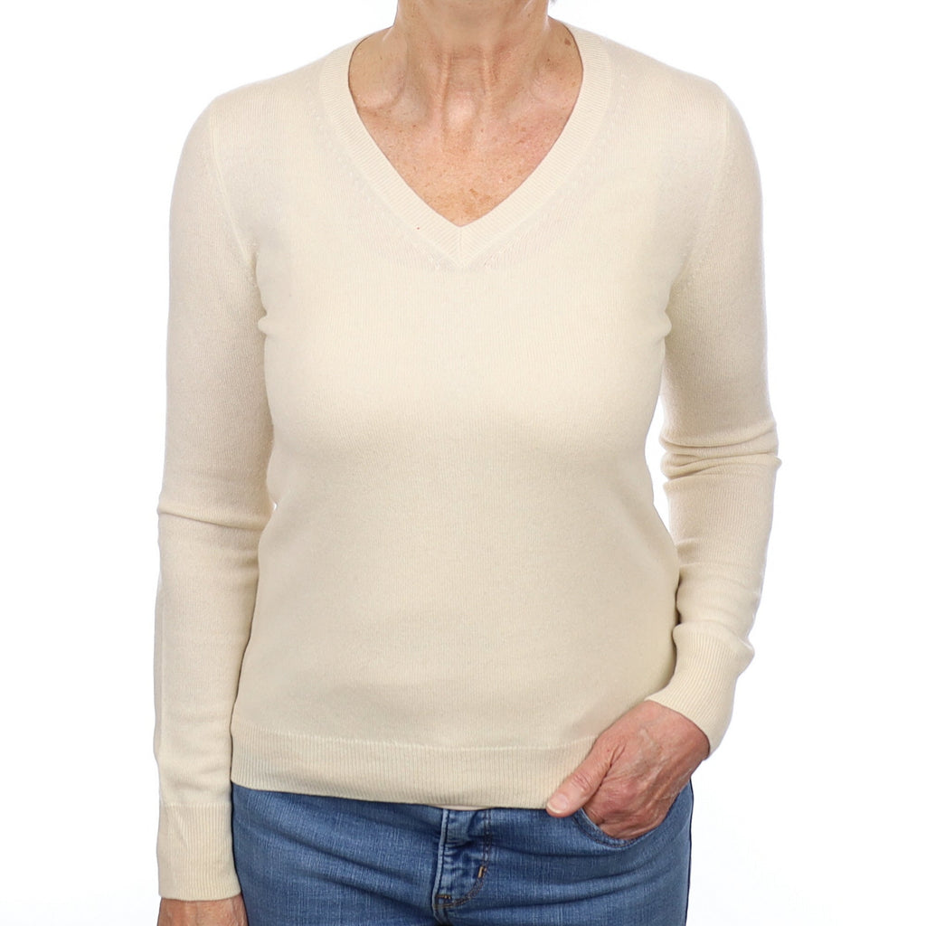 Vanilla Cream Cashmere V Neck Jumper Medium