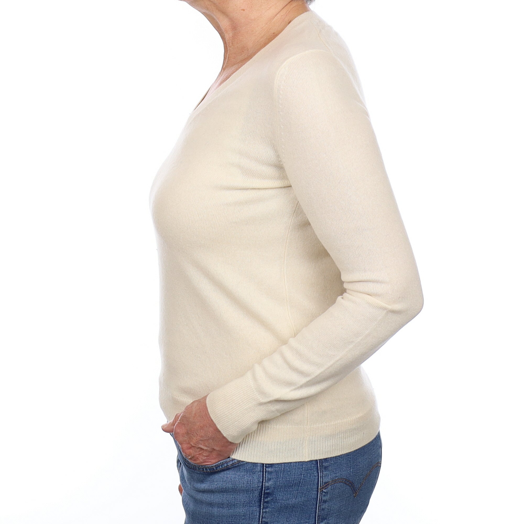 Vanilla Cream Cashmere V Neck Jumper Medium