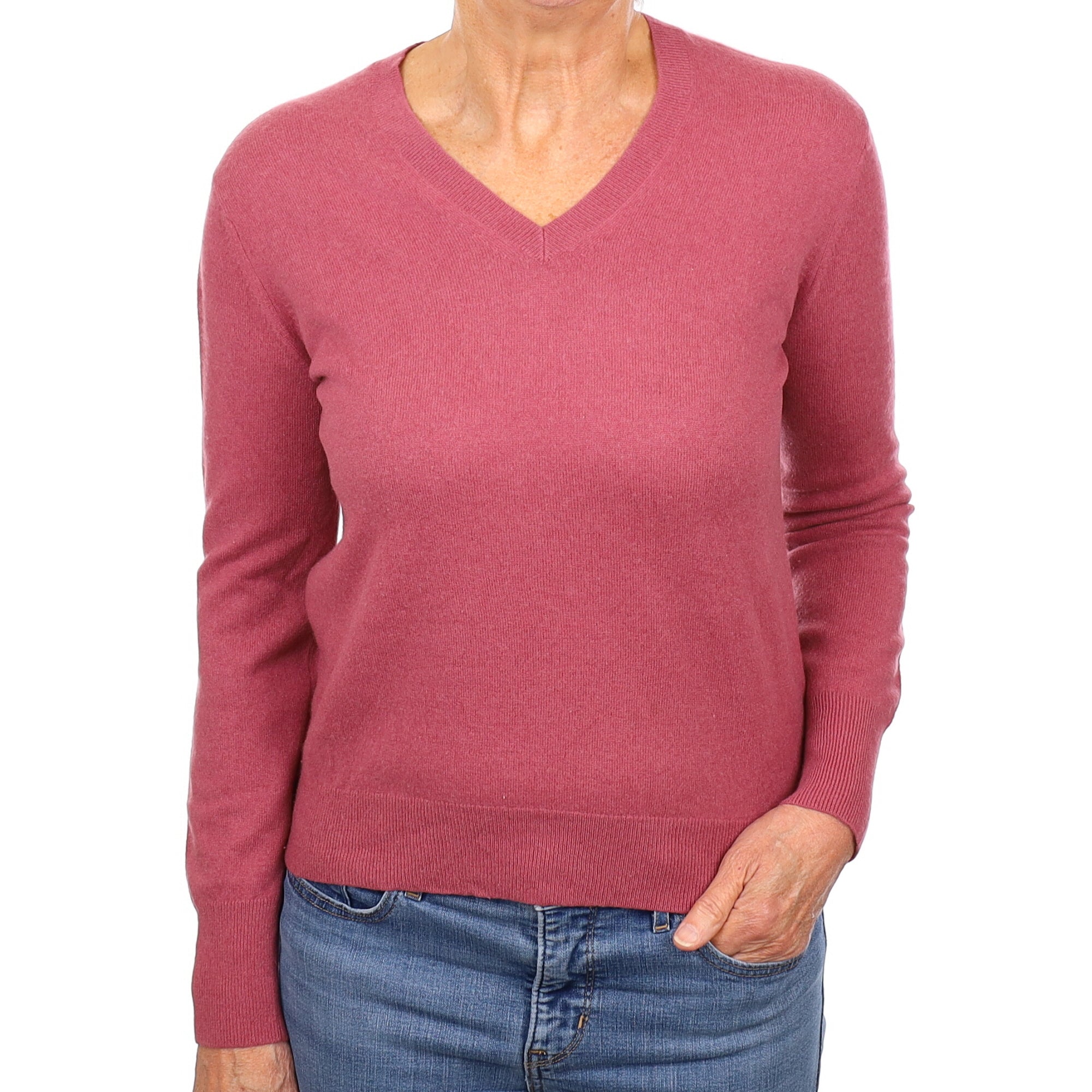Heather Pink Cashmere V Neck Jumper Medium