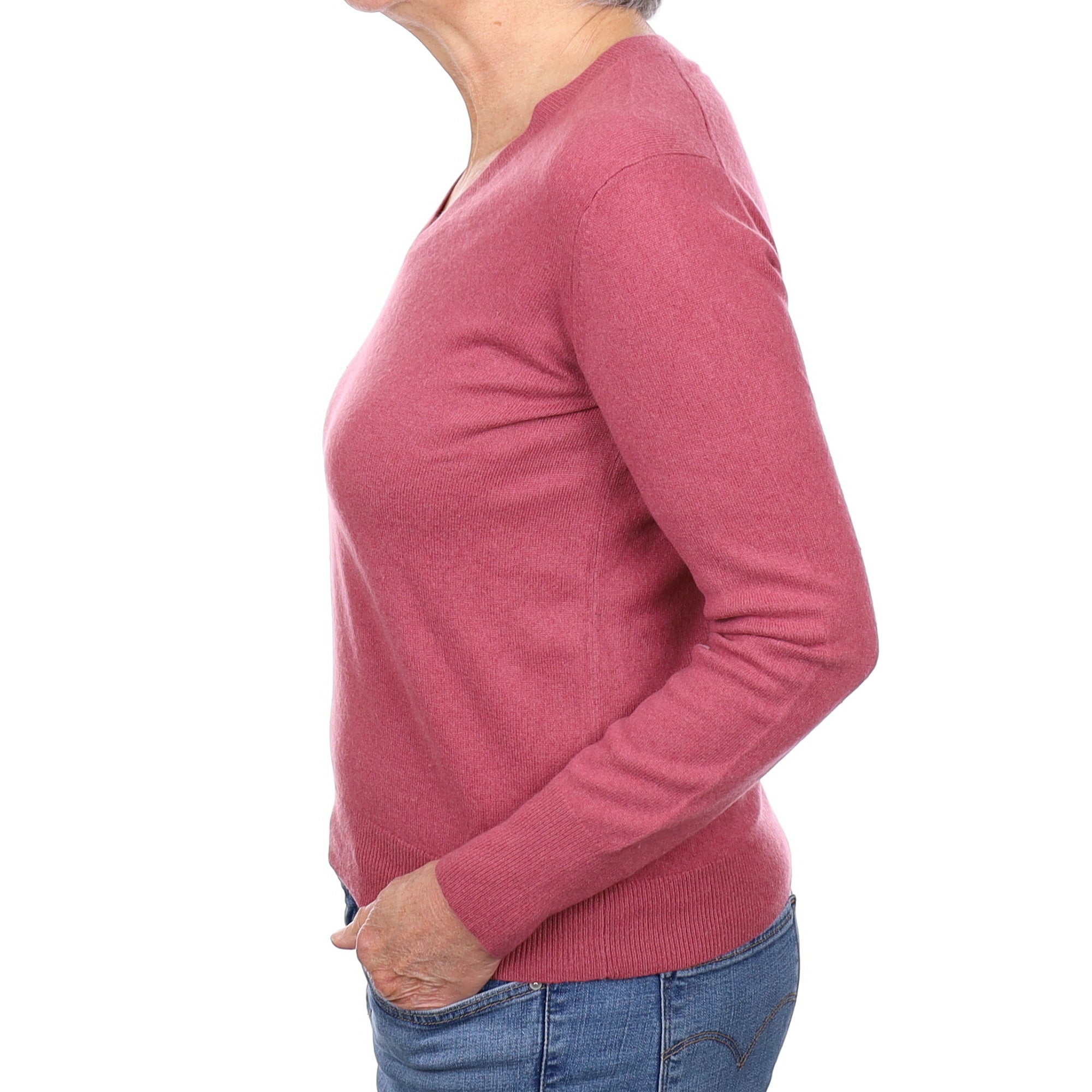 Heather Pink Cashmere V Neck Jumper Medium
