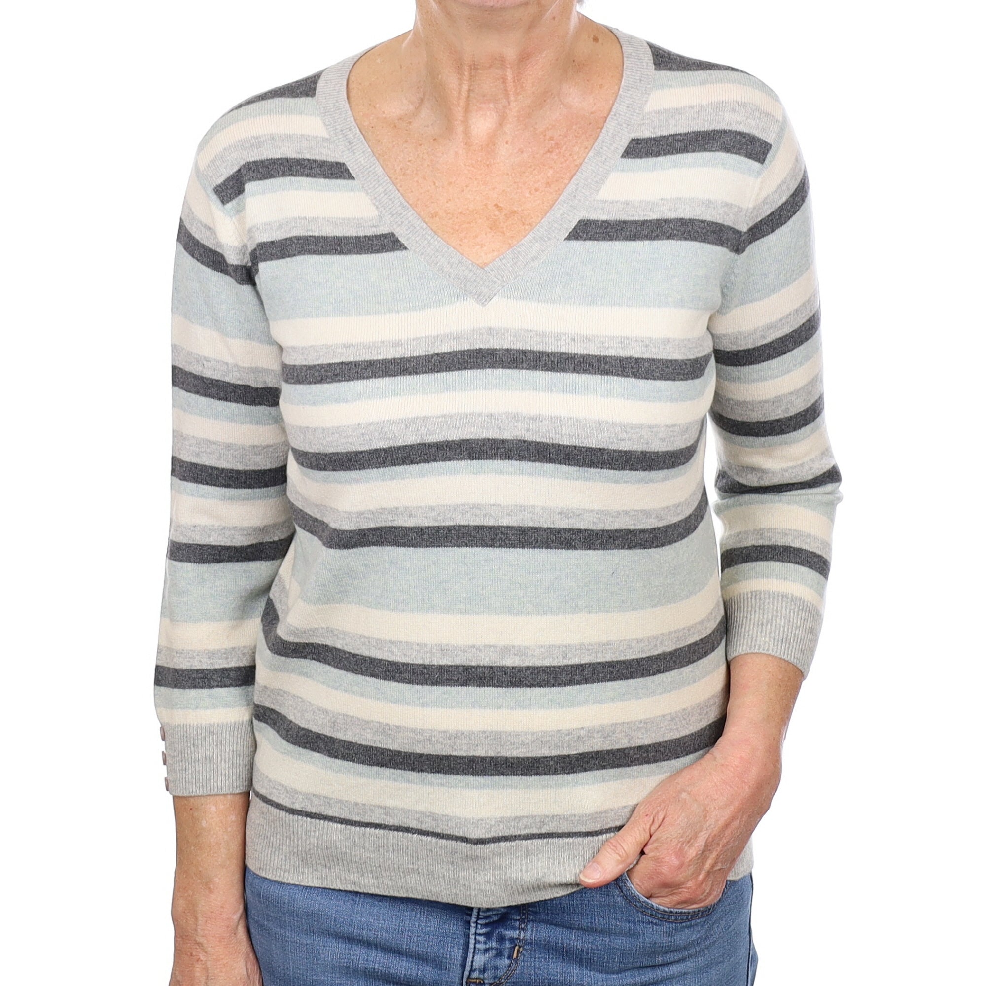 Grey Striped Cashmere V Neck Jumper Medium