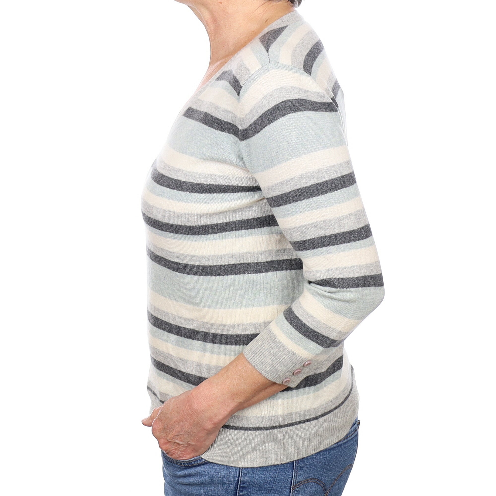 Grey Striped Cashmere V Neck Jumper Medium